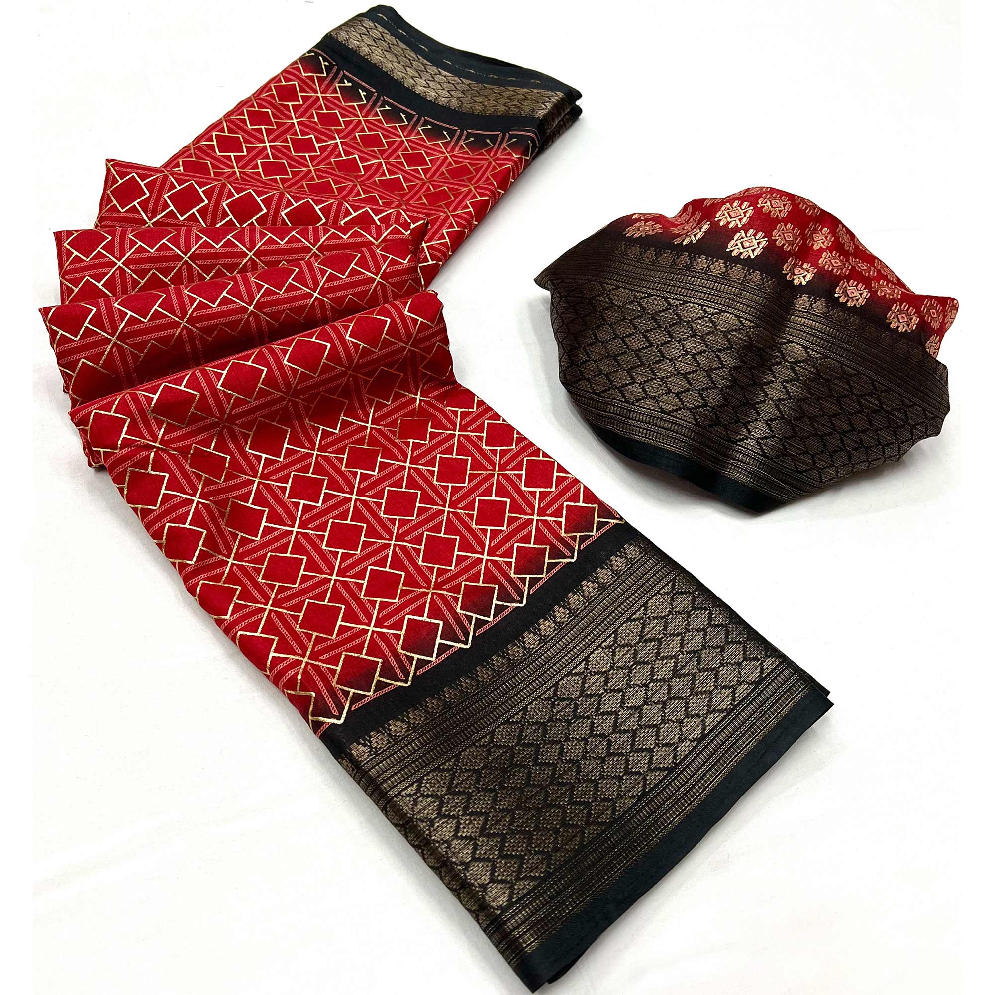 Red Foil Printed Dola Silk Saree