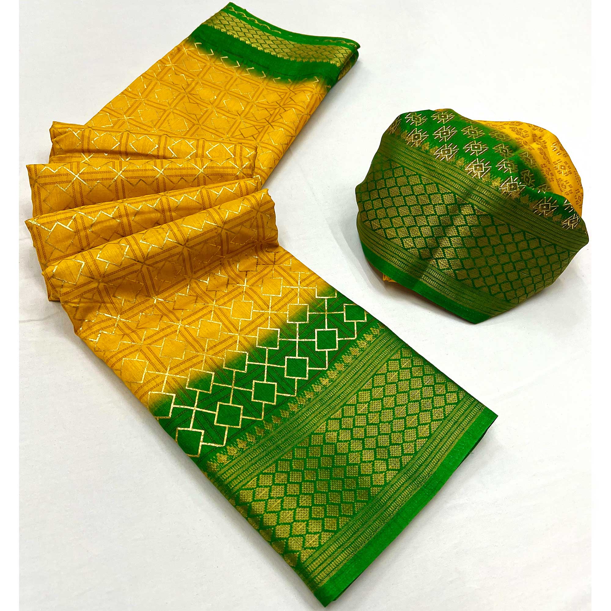 Mustard Foil Printed Dola Silk Saree