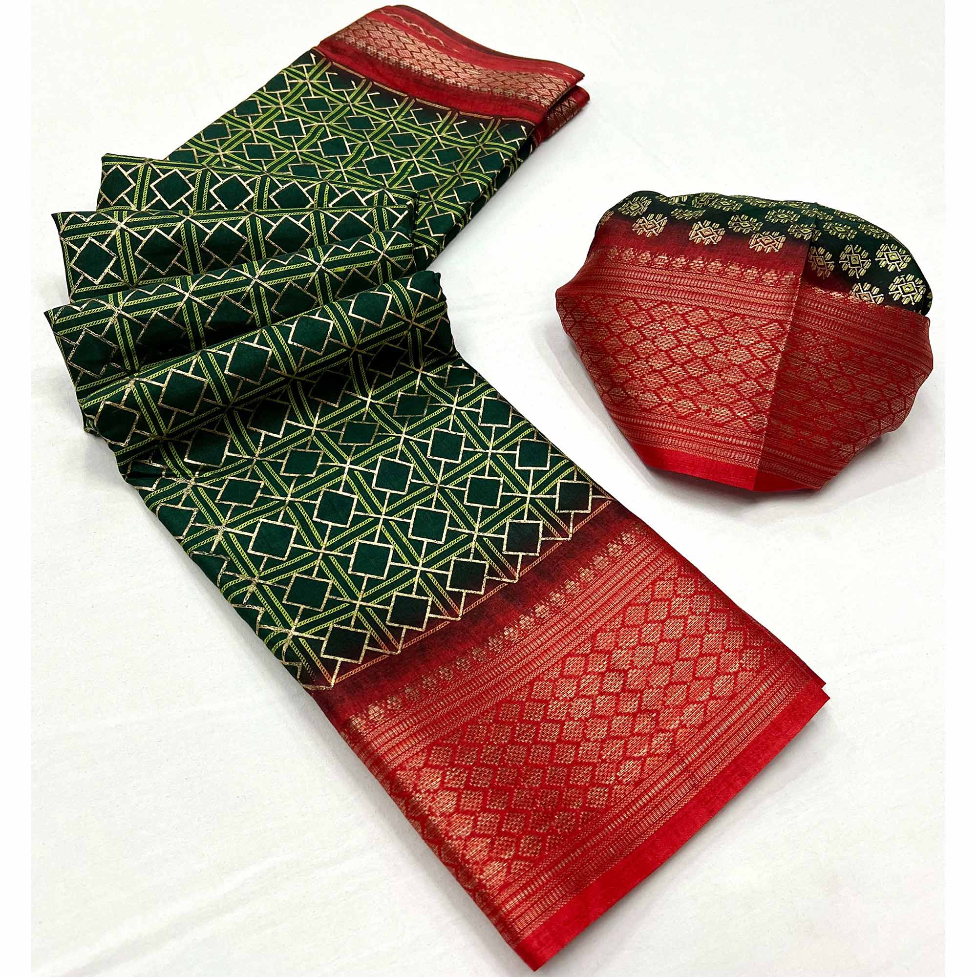 Green Foil Printed Dola Silk Saree