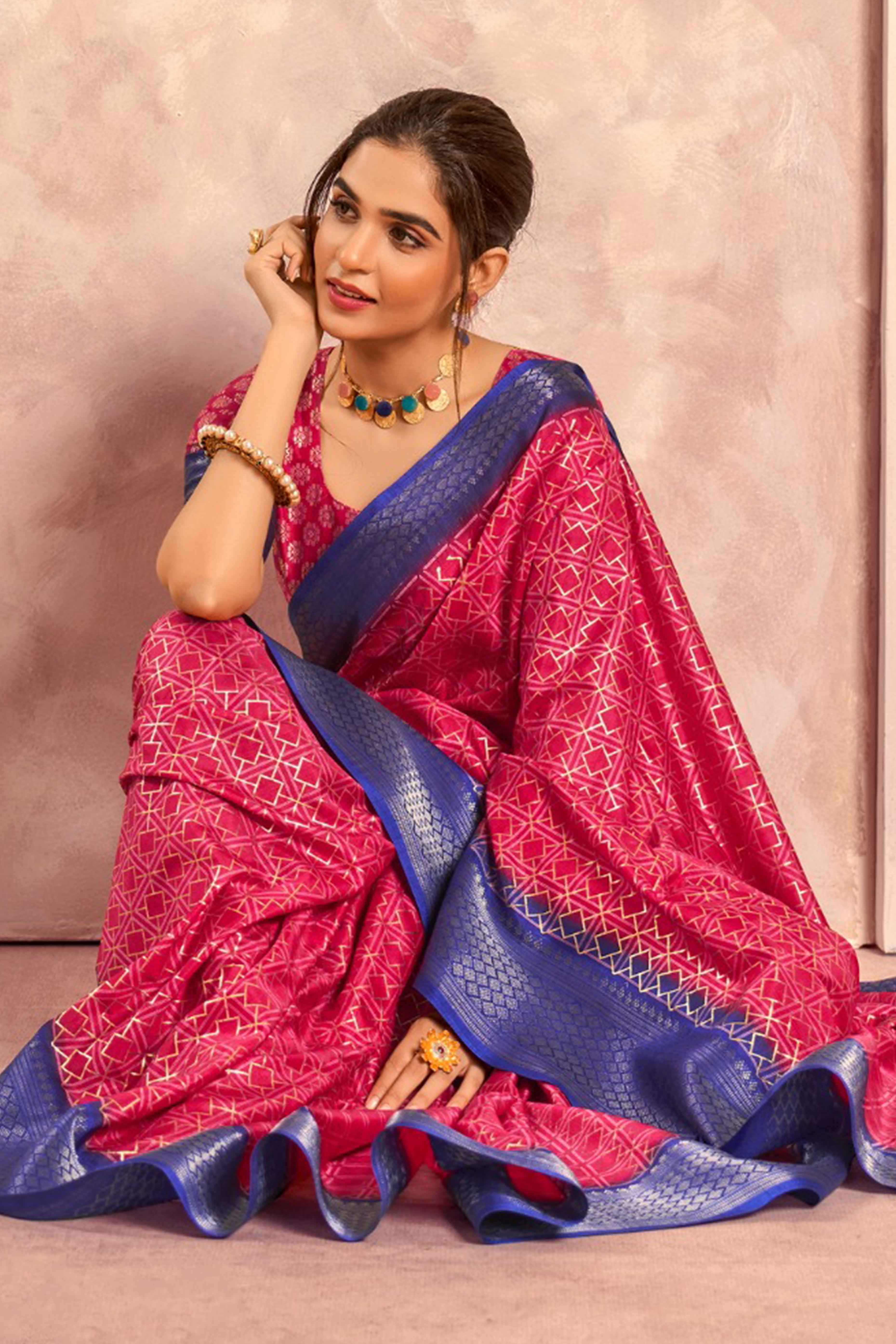 Pink Geometric Foil Printed Dola Silk Saree With Woven Border