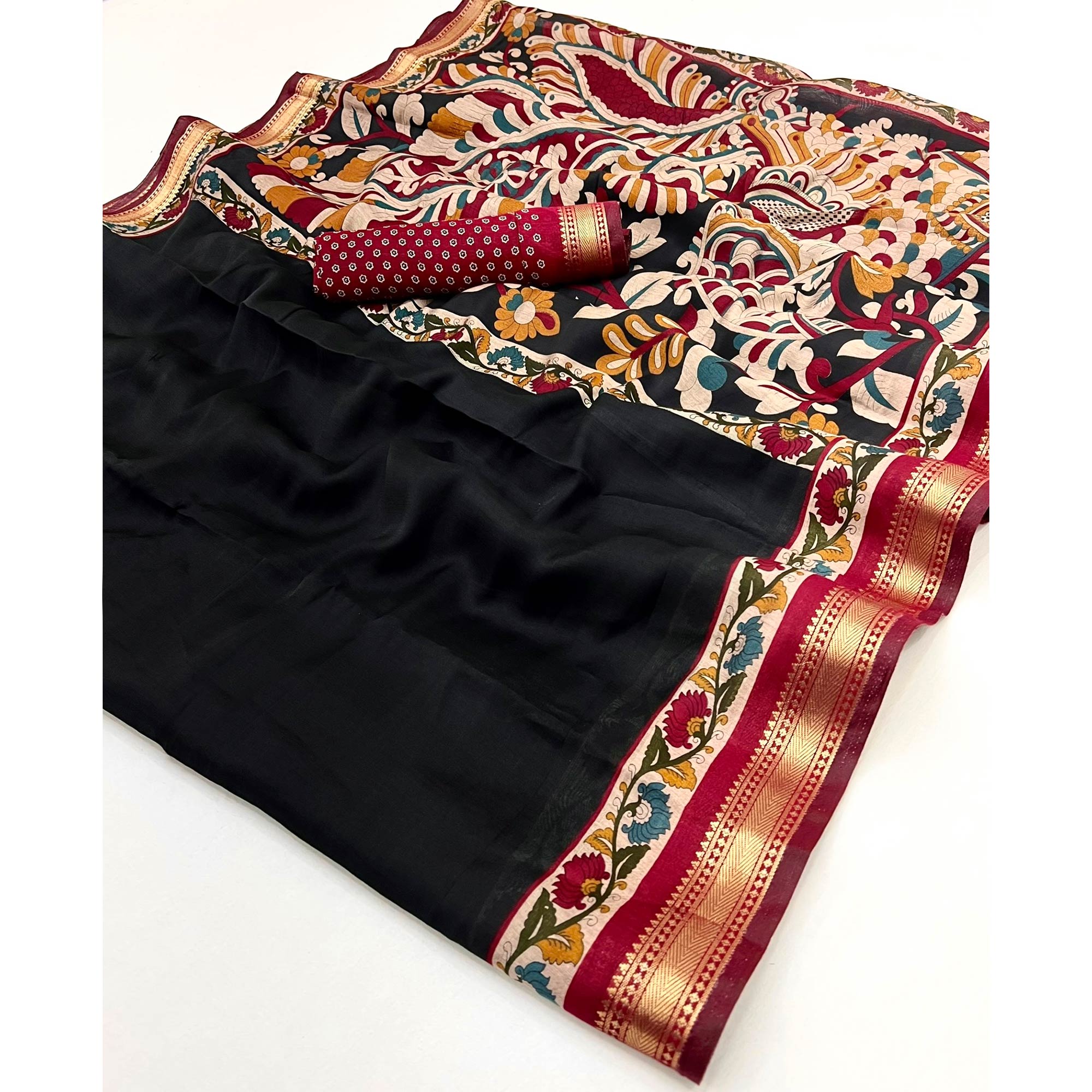 Black Soft Mul Cotton Saree with Kalamkari Pallu & Zari border