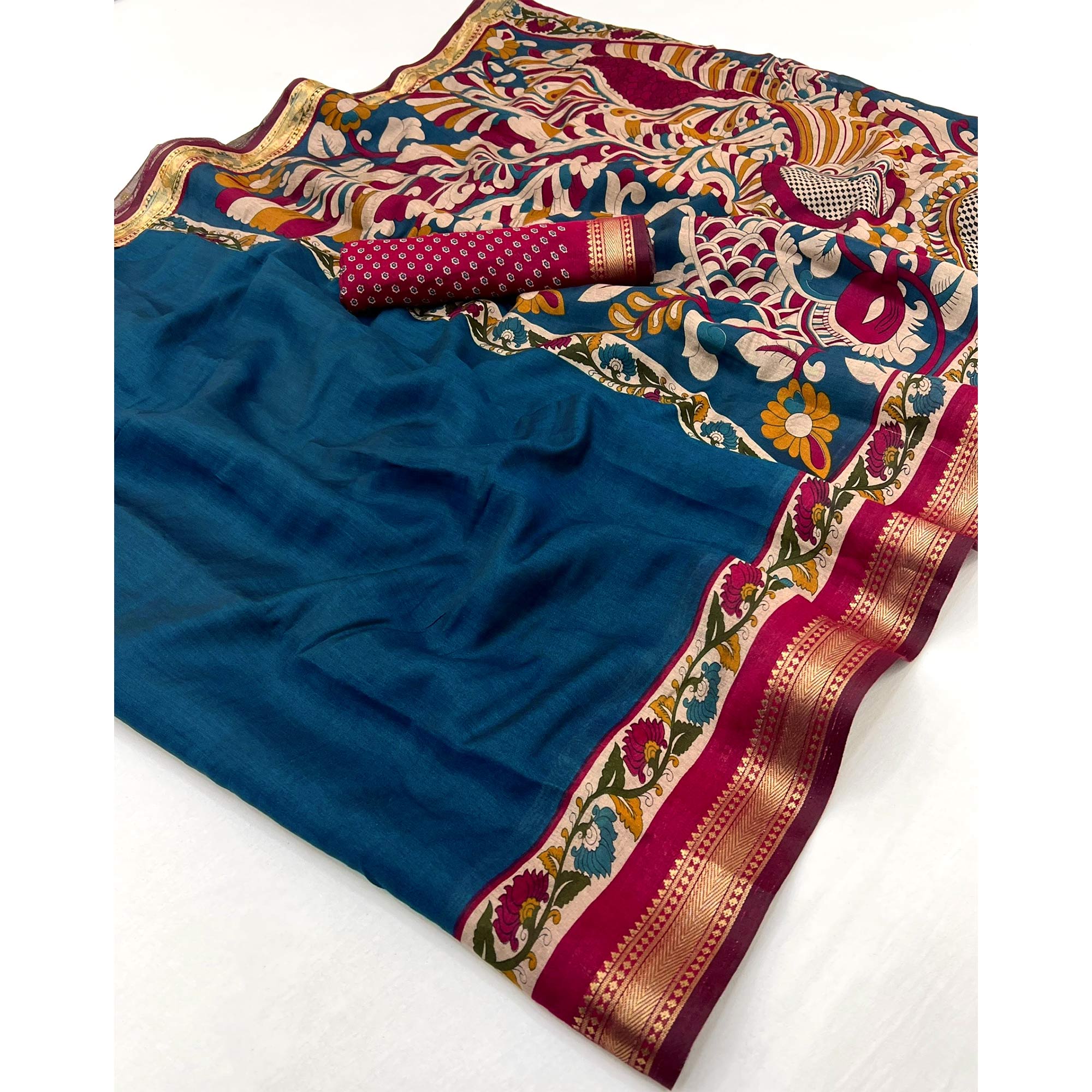 Teal Soft Mul Cotton Saree with Kalamkari Pallu & Zari border