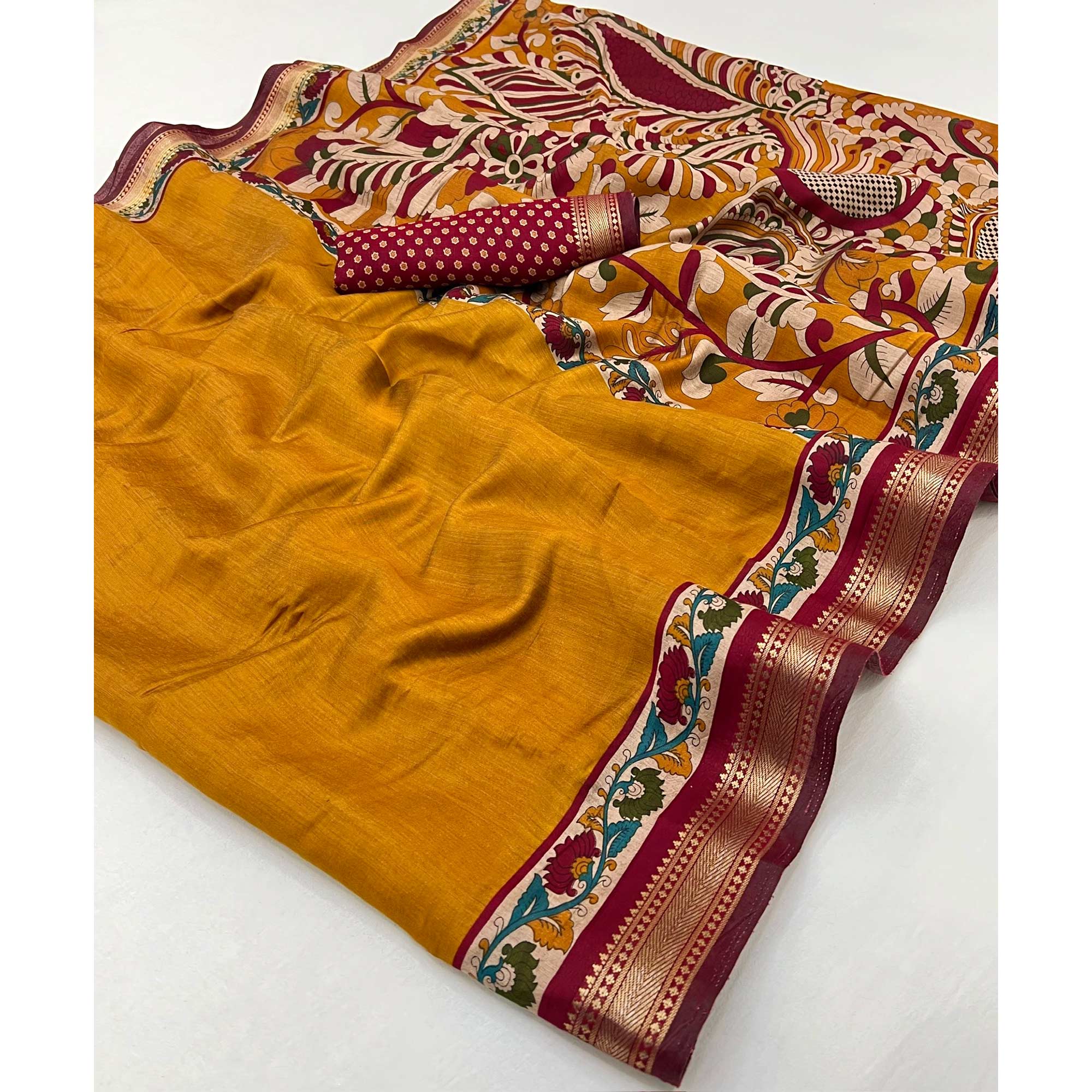 Mustard Soft Mul Cotton Saree with Kalamkari Pallu & Zari border