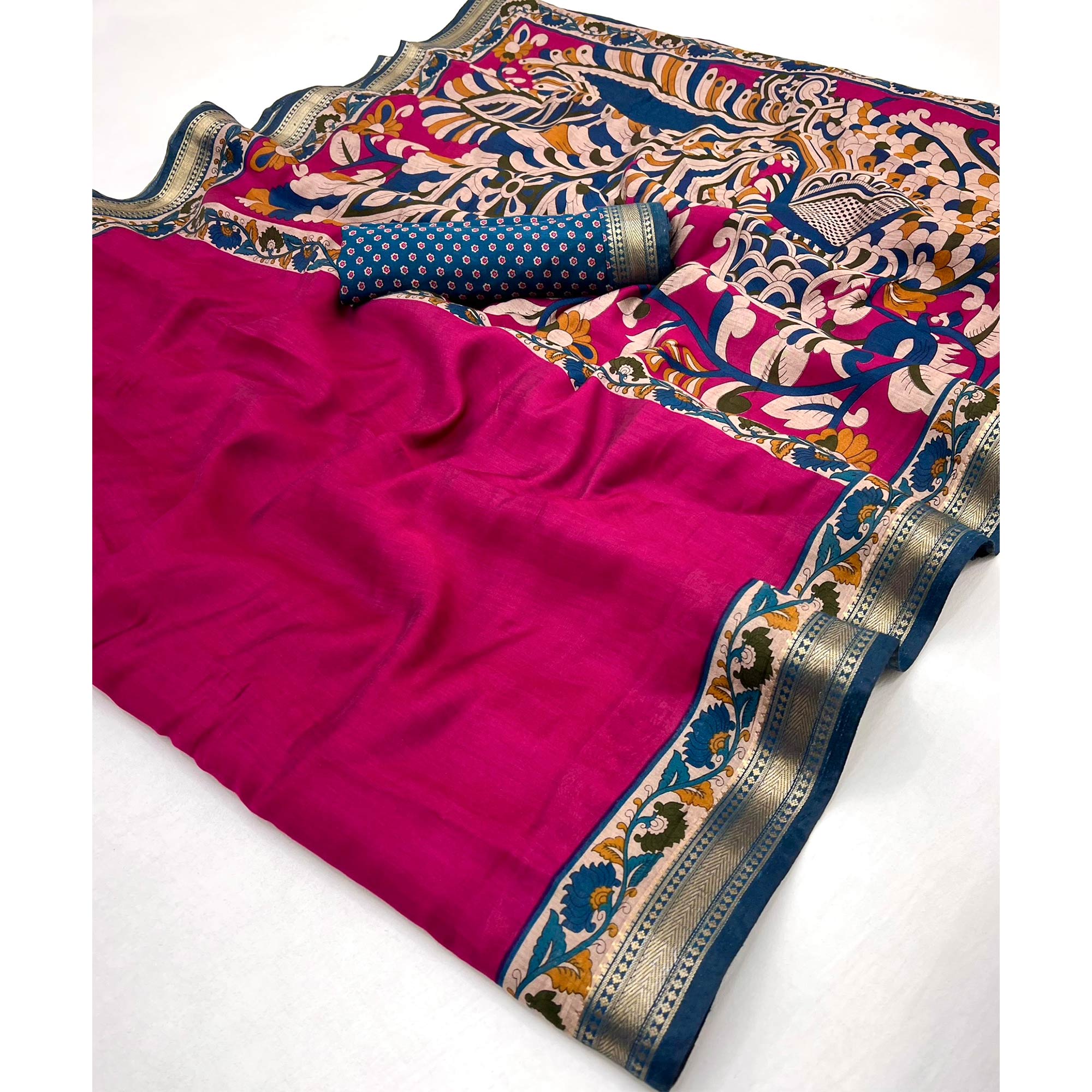 Magenta Soft Mul Cotton Saree with Kalamkari Pallu & Zari border