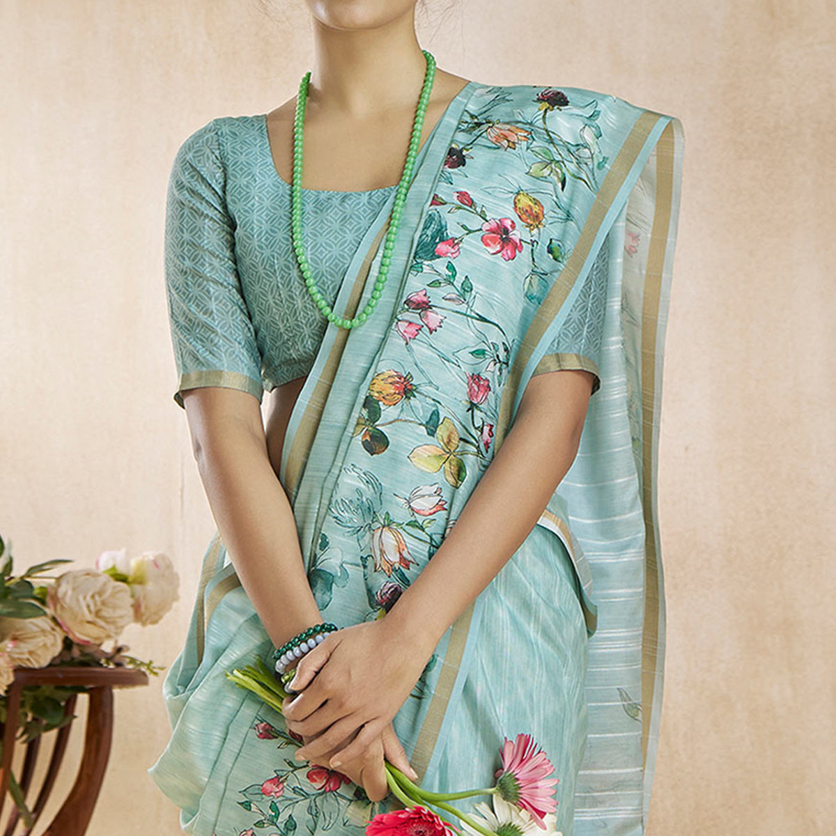 Turquoise Floral Digital Printed Pure Silk Saree