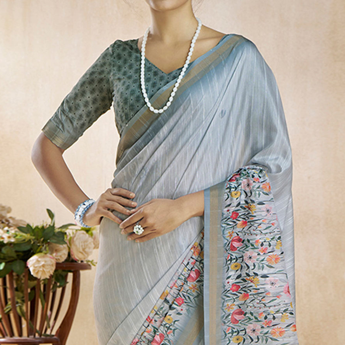 Grey Floral Digital Printed Pure Silk Saree