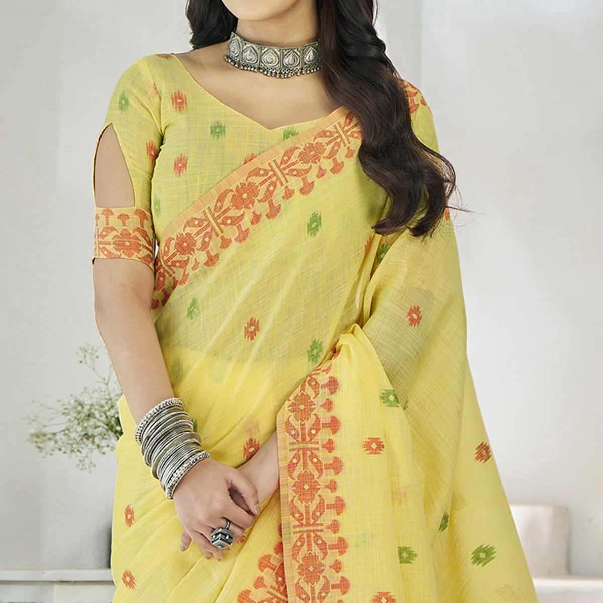 Yellow Floral Woven Cotton Silk Saree