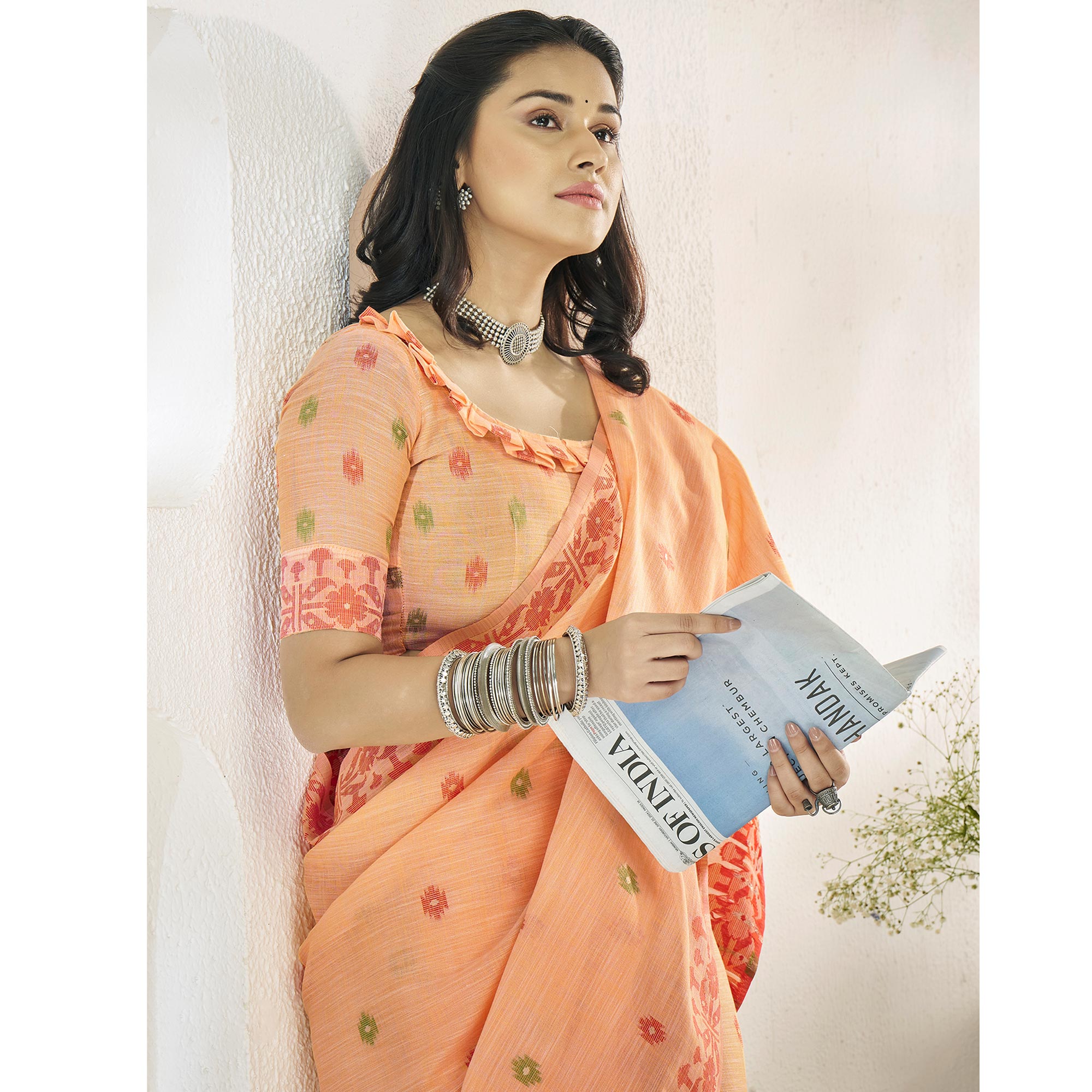 Peach Floral Woven Cotton Silk Saree