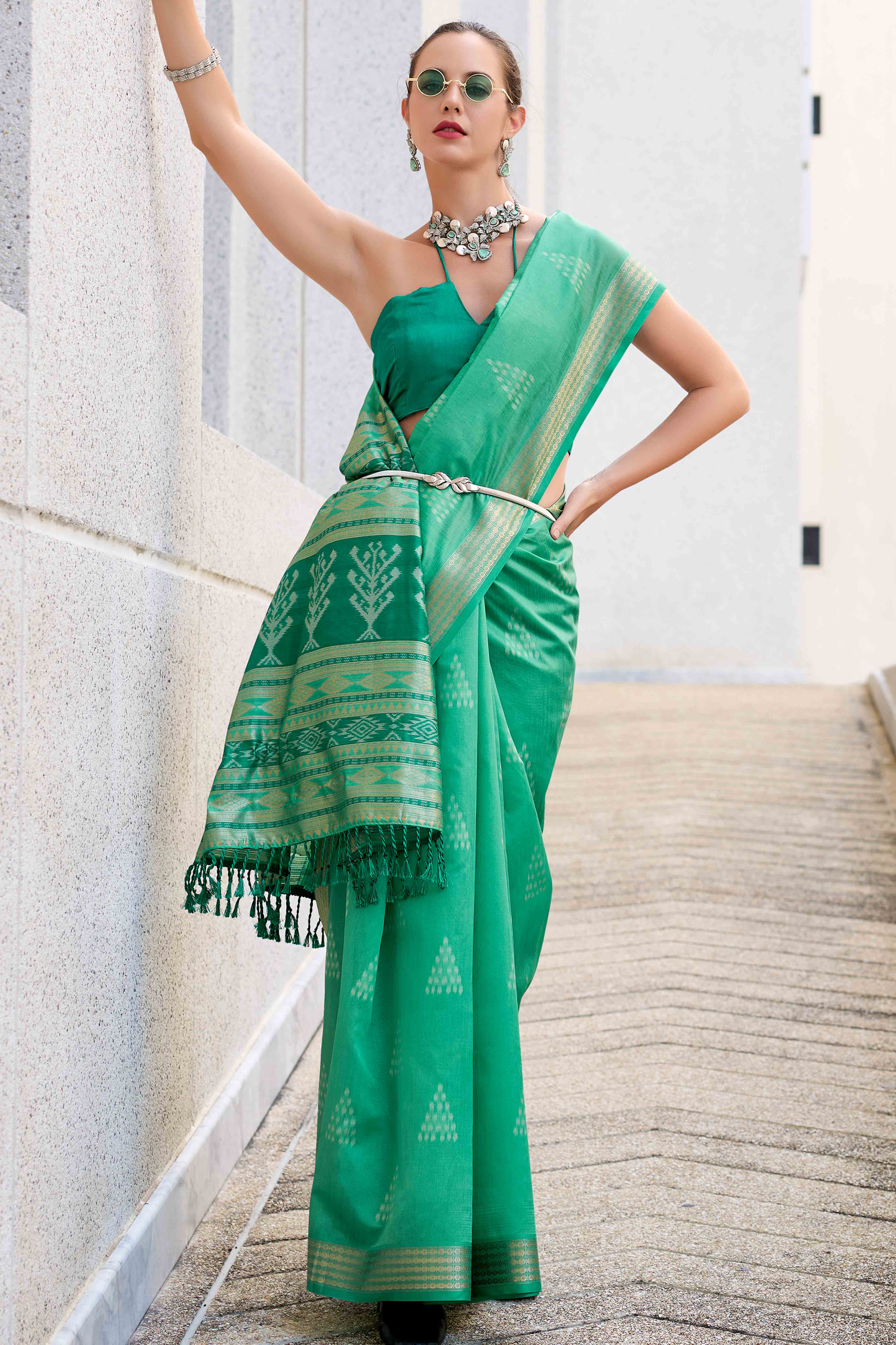Rama Green Ikkat Woven Rayon Silk Saree