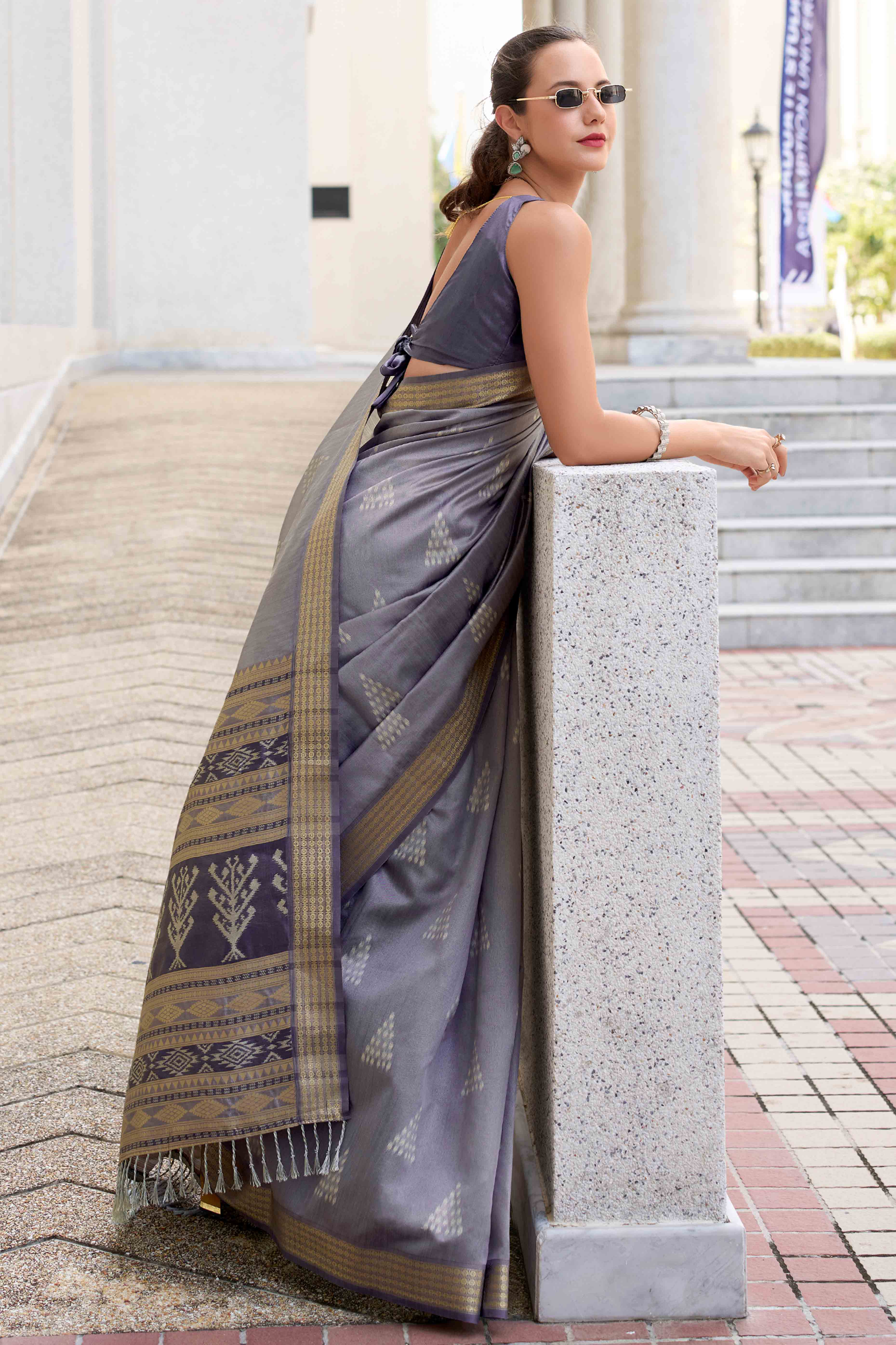 Grey Ikkat Woven Rayon Silk Saree