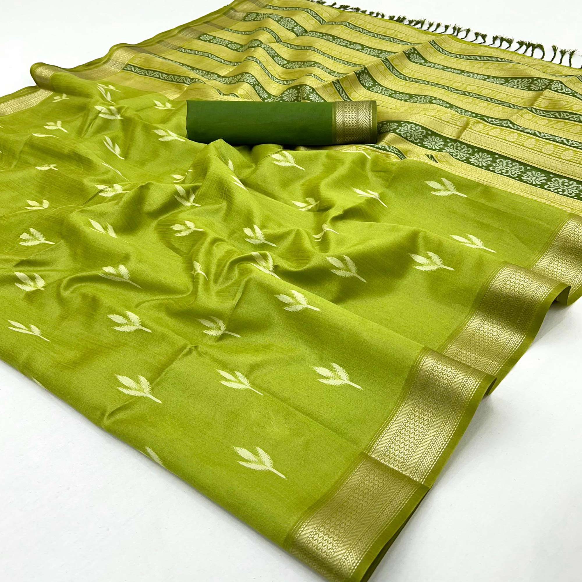 Green Ikkat Style Rayon Silk Saree with Luxurious Zari Border and Delicate Tassels