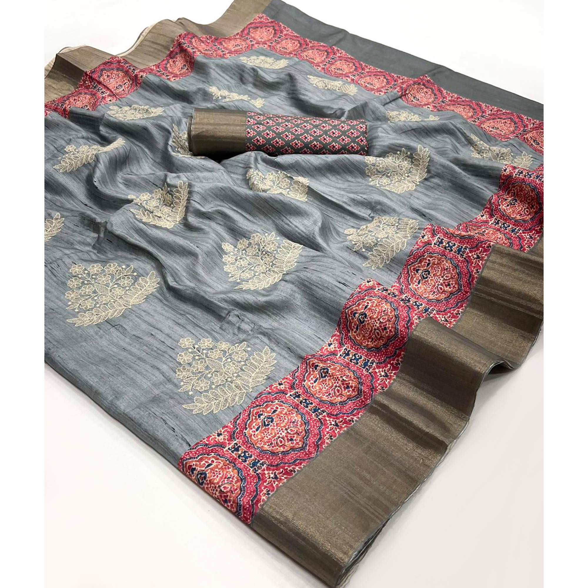 Embroidered Floral Grey Khaadi Saree with Ethnic Weaving Border