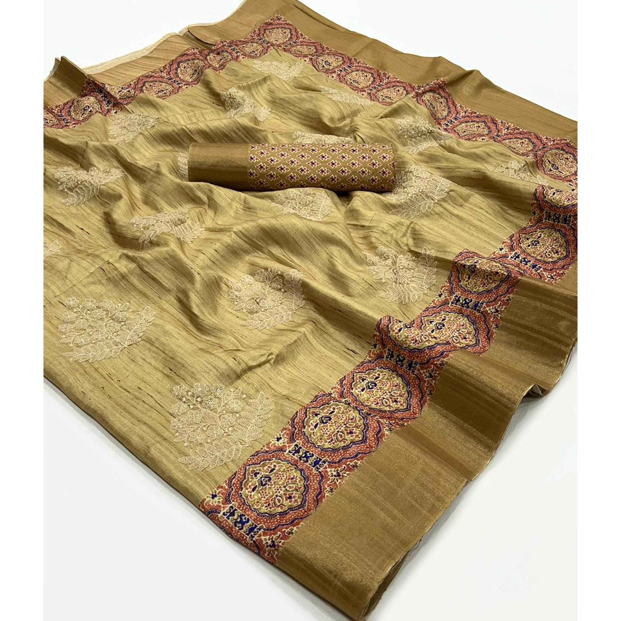 Embroidered Floral Olive Khaadi Saree with Ethnic Weaving Border