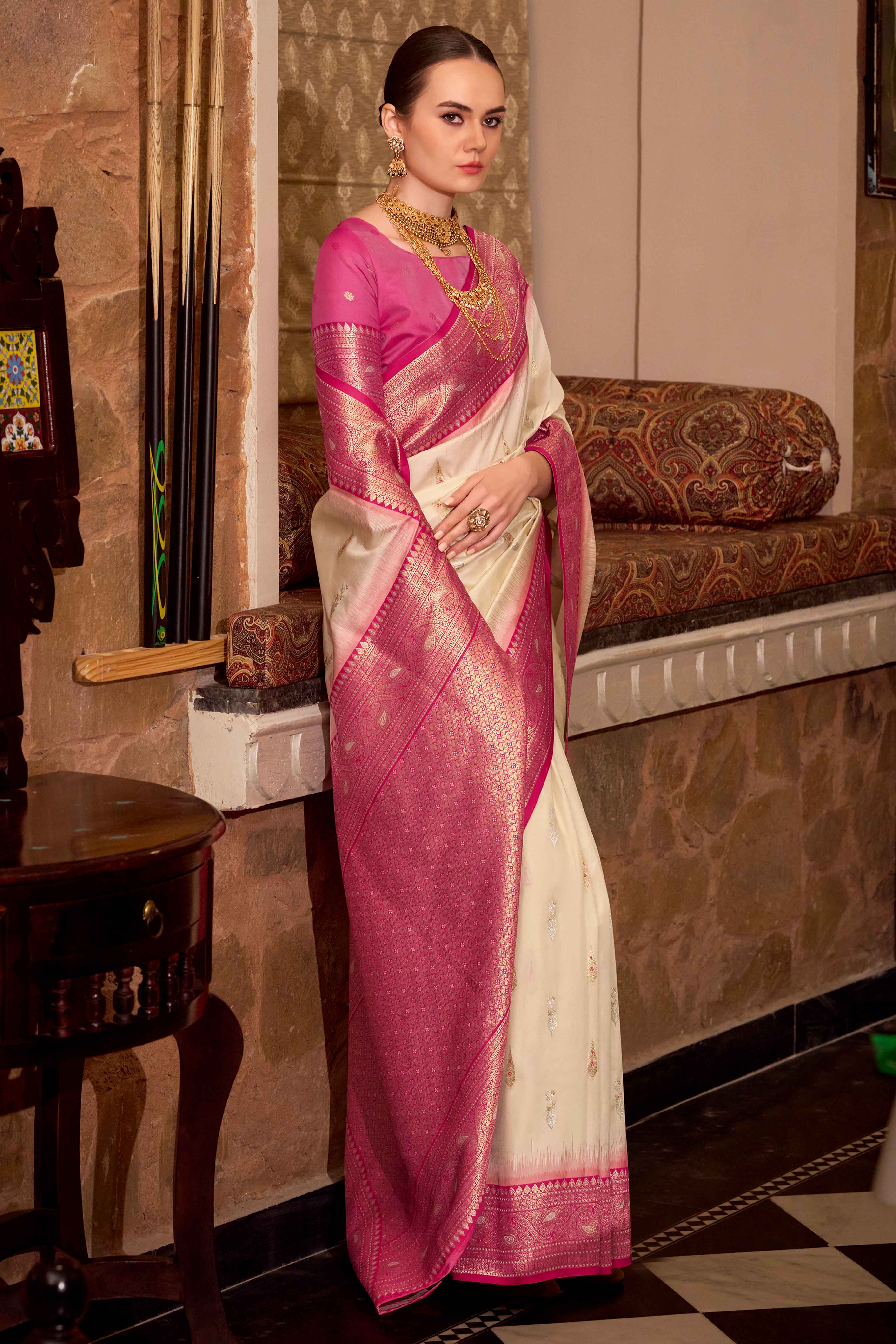 Cream Pure Silk Saree With Intricate Floral Zari Weaving Work