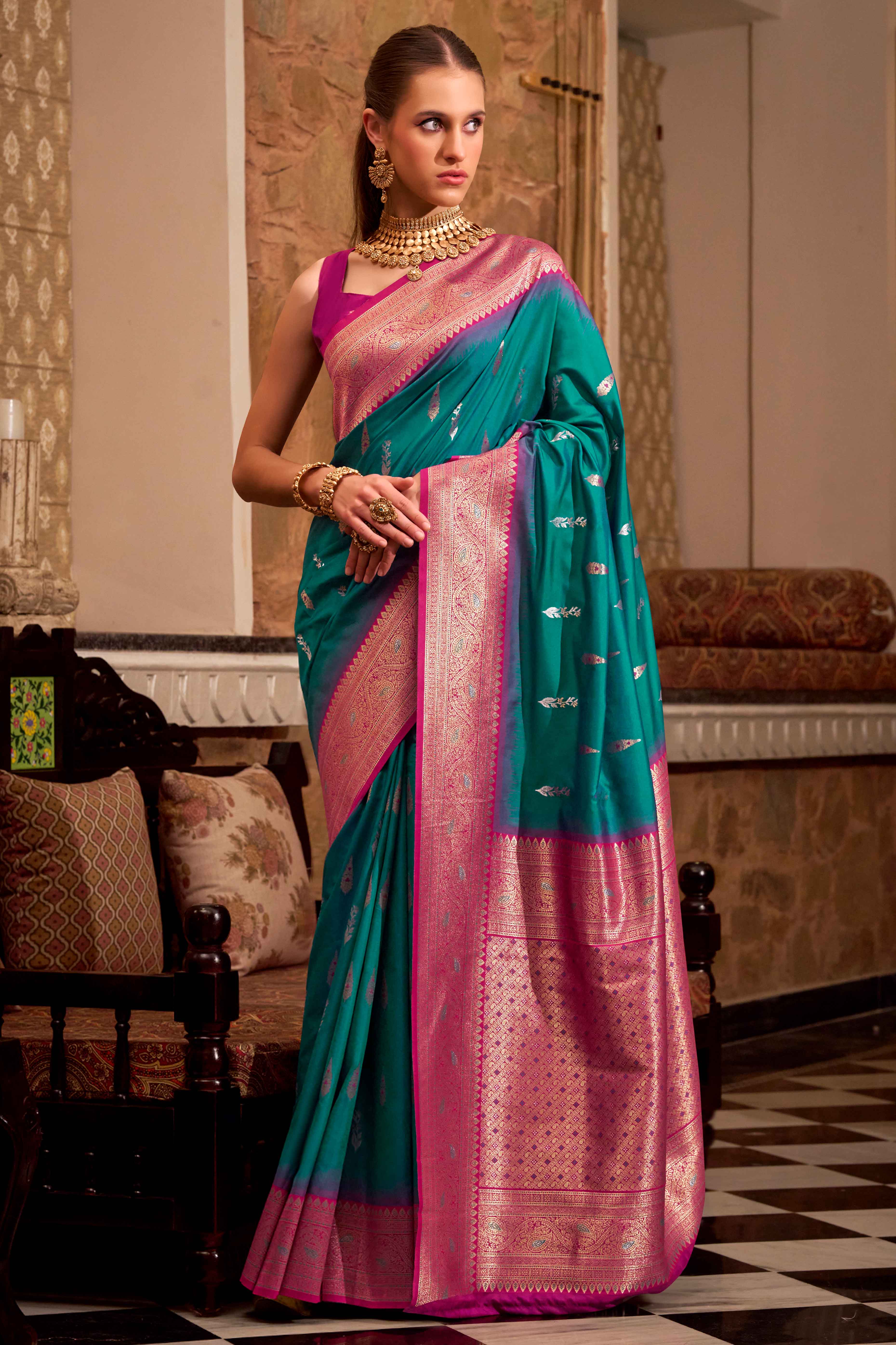Rama Blue Pure Silk Saree With Intricate Floral Zari Weaving Work