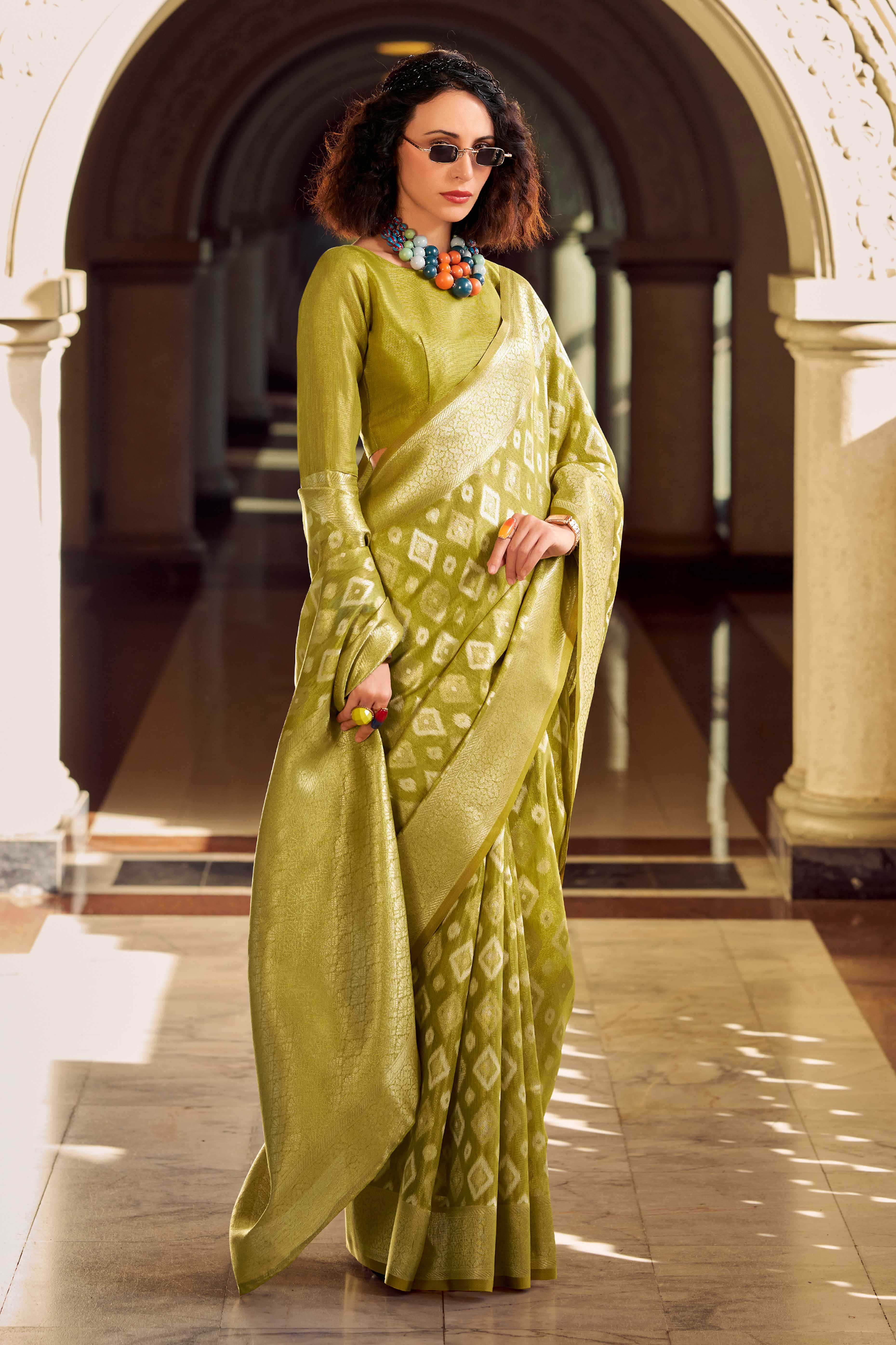 Olive Geometric Pattern Woven Tissue Silk Saree