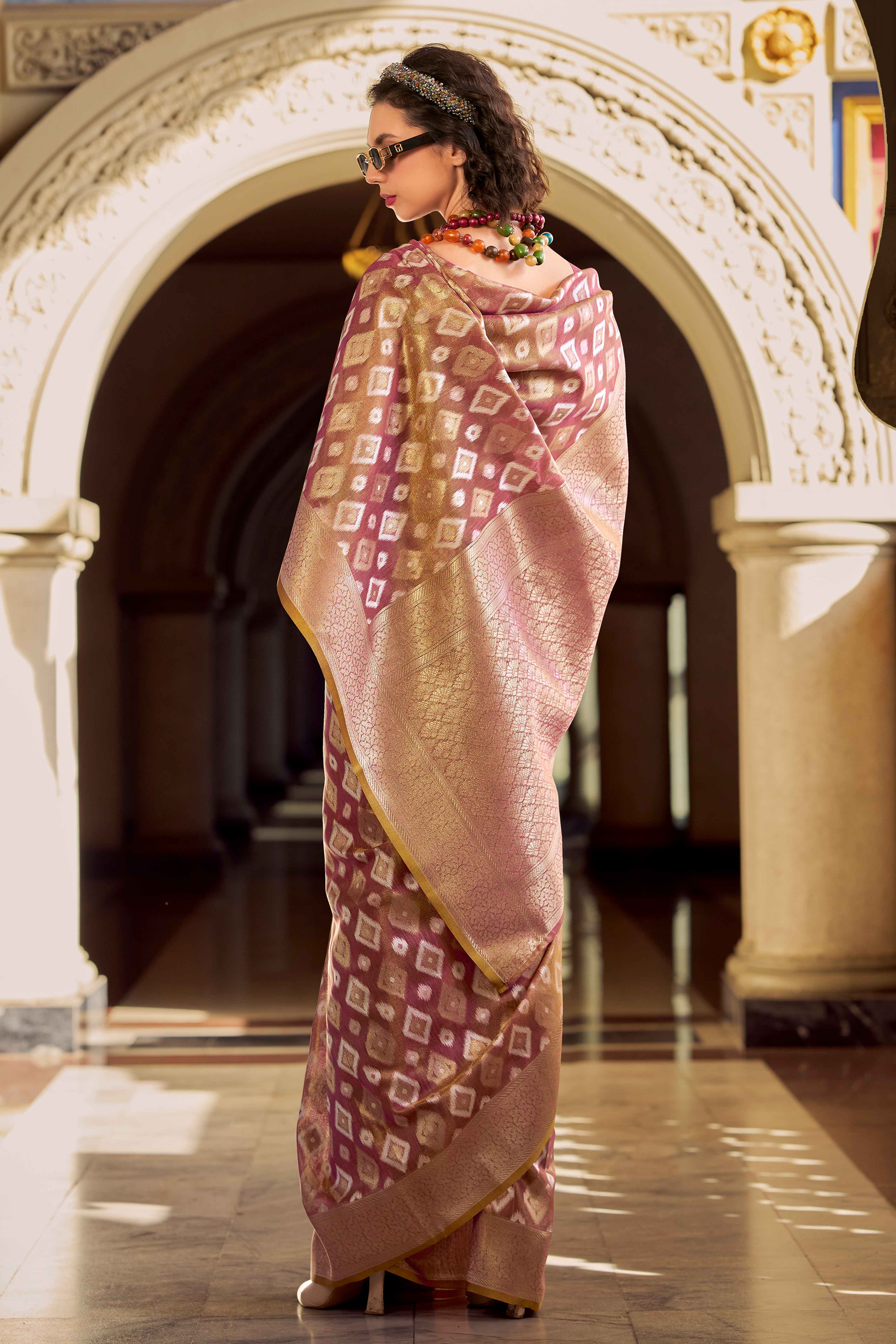 Mauve Geometric Pattern Woven Tissue Silk Saree
