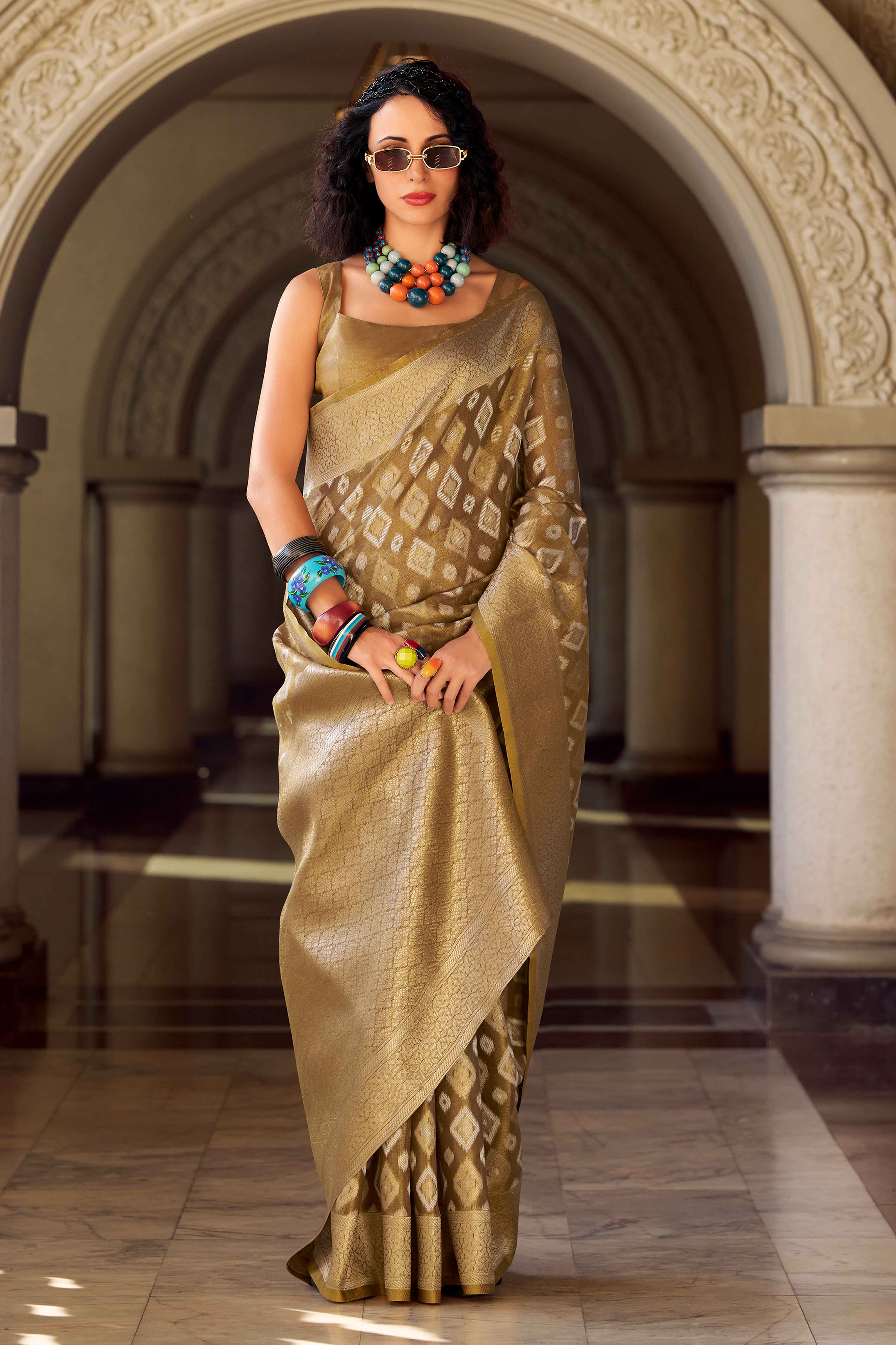 Brown Geometric Pattern Woven Tissue Silk Saree