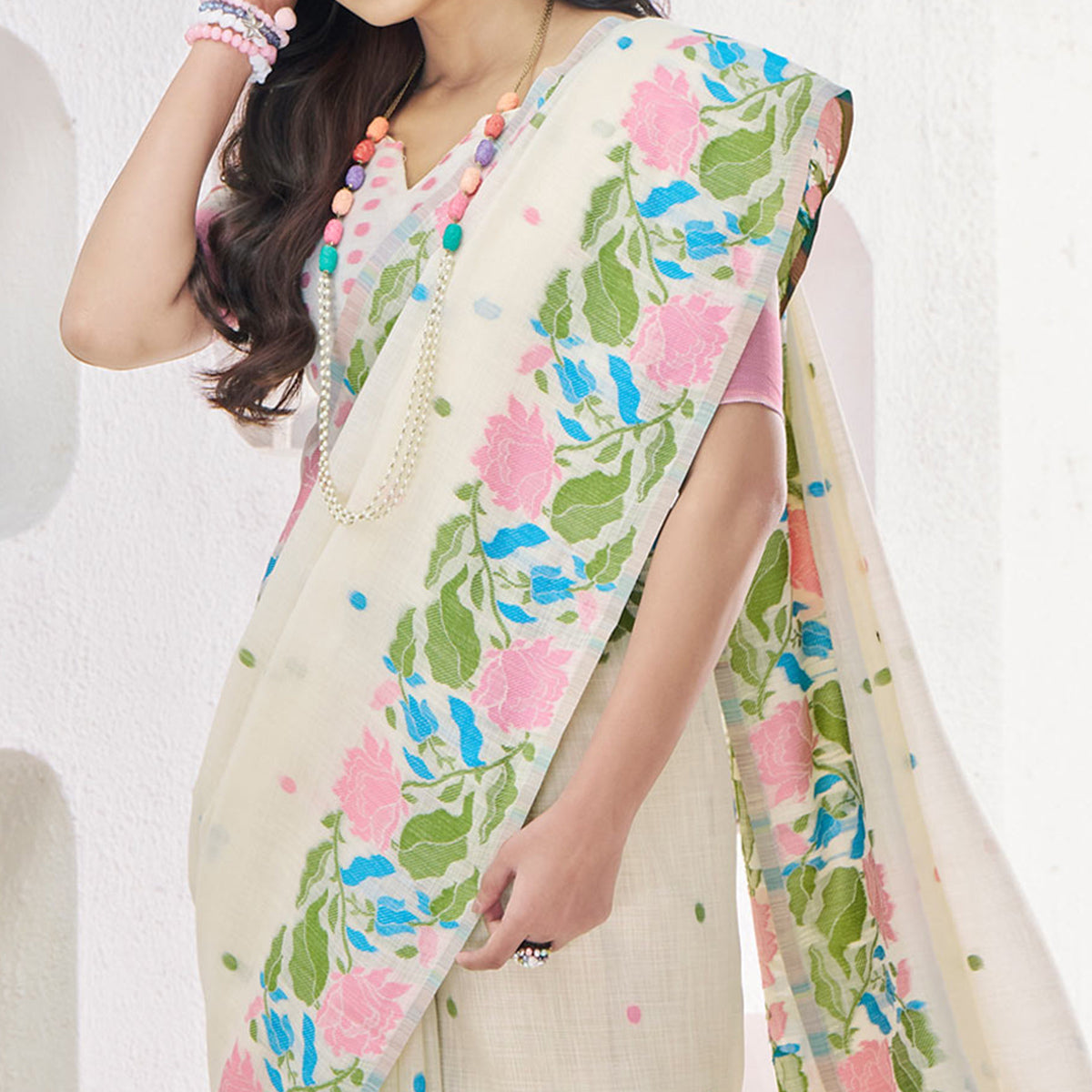 Off White Floral Woven Cotton Silk Saree
