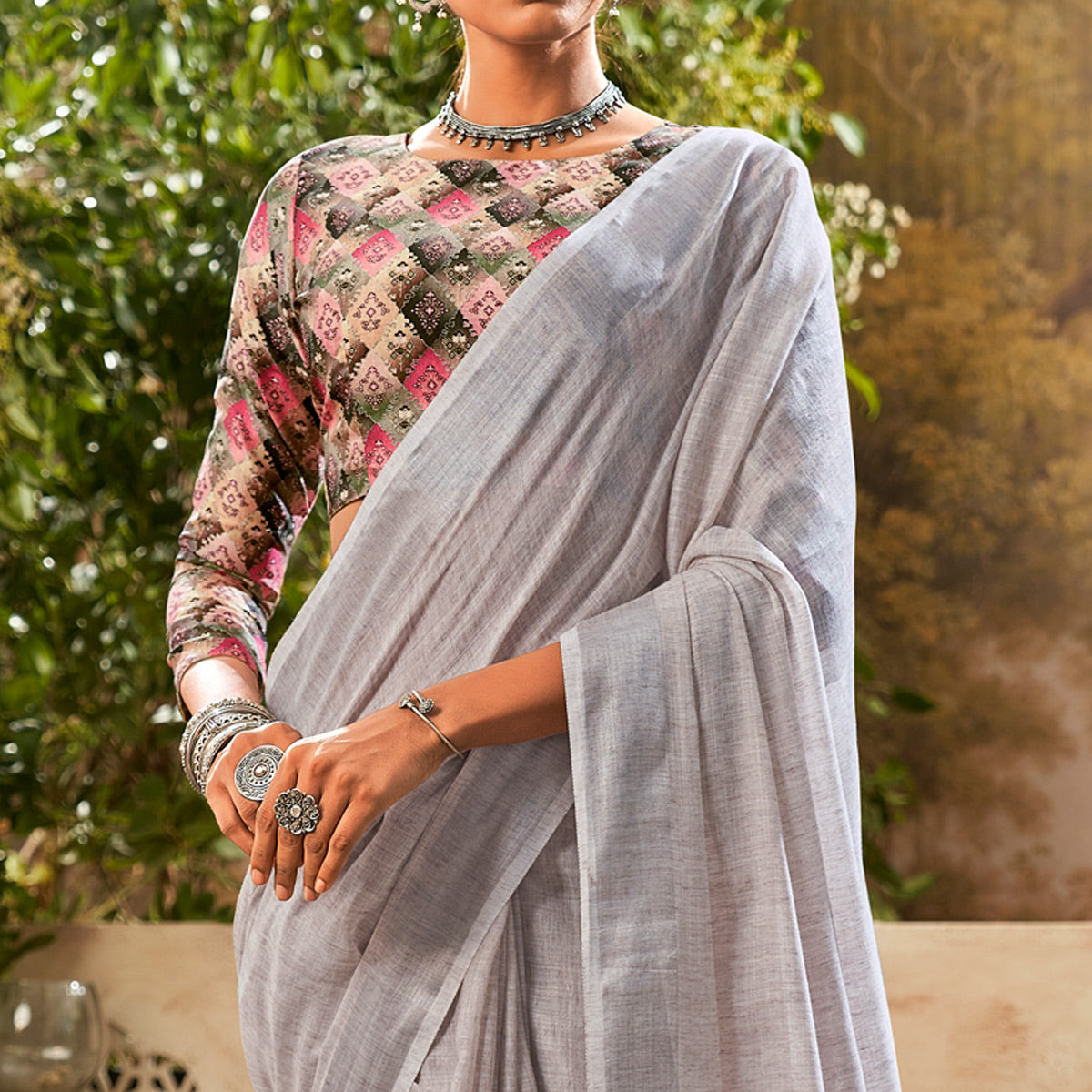 Grey Woven Pure Cotton Saree With Tassels