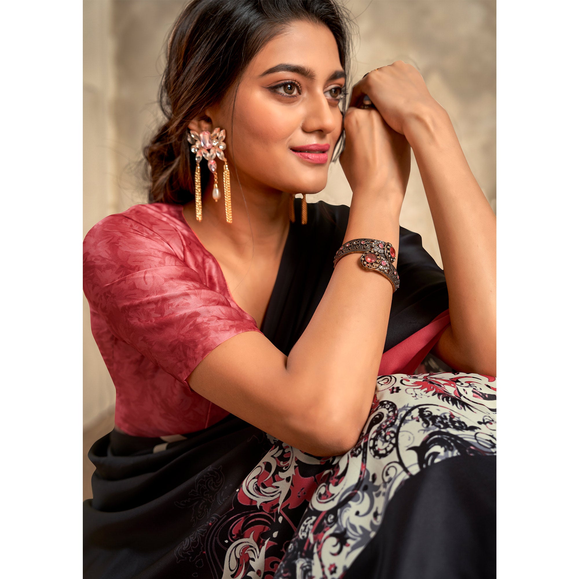 Black Abstract Printed Satin Saree