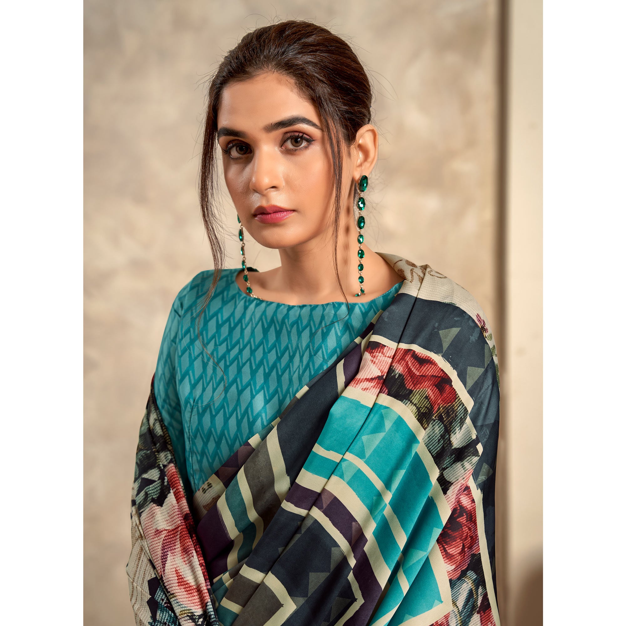 Beige Abstract Printed Satin Saree