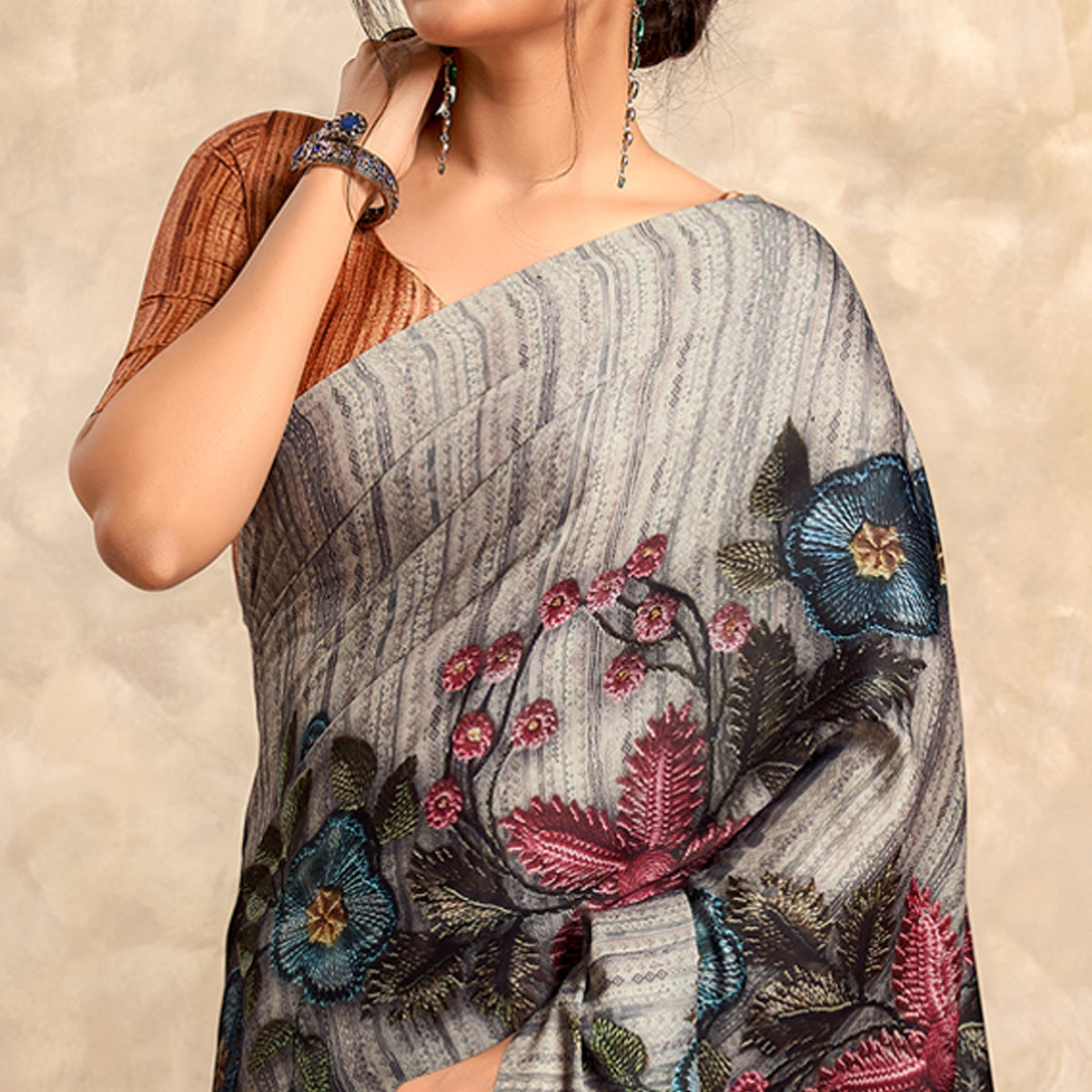 Grey Abstract Printed Satin Saree