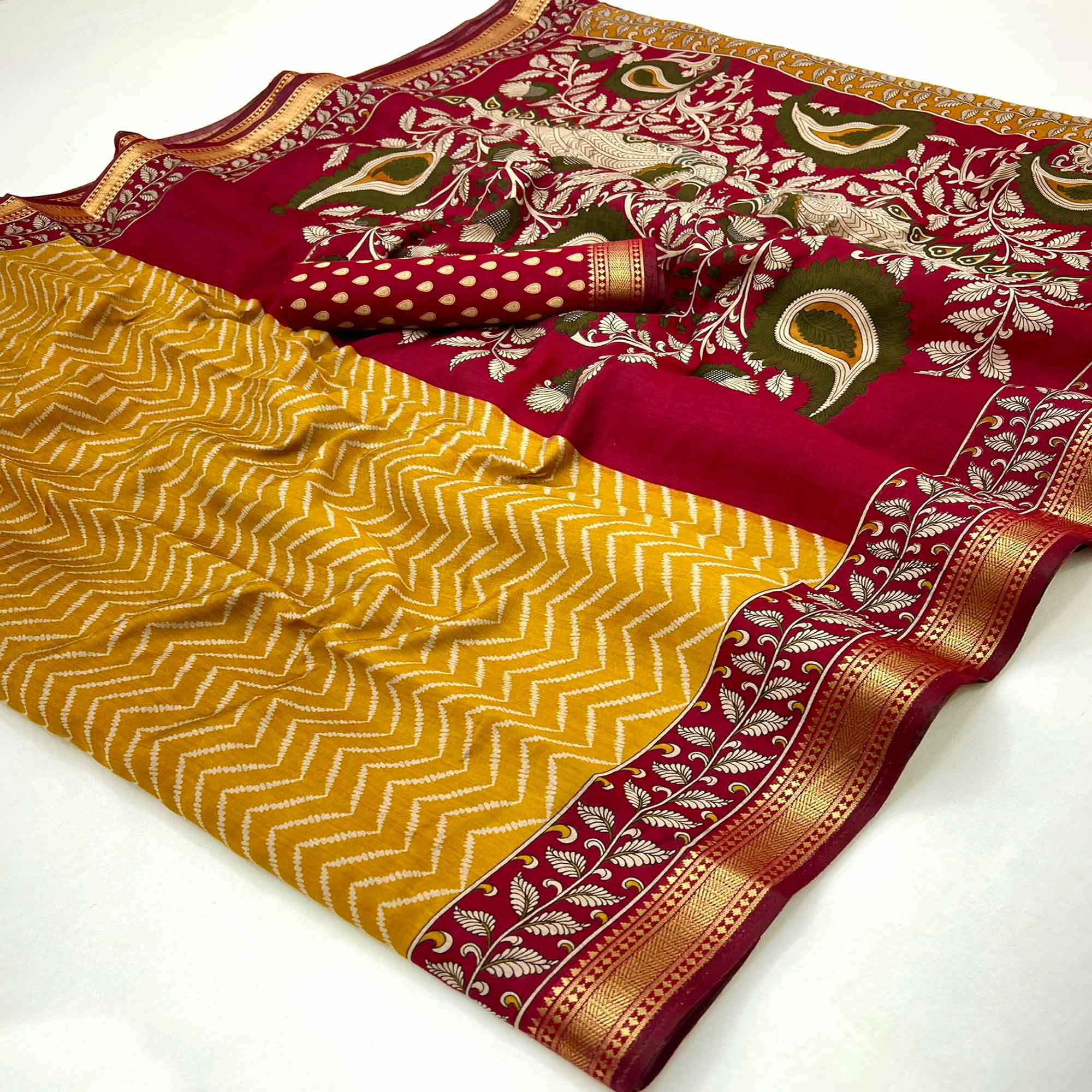 Mustard Mulmul Cotton Saree with Geometric Zig-Zag Design and Zari Trim