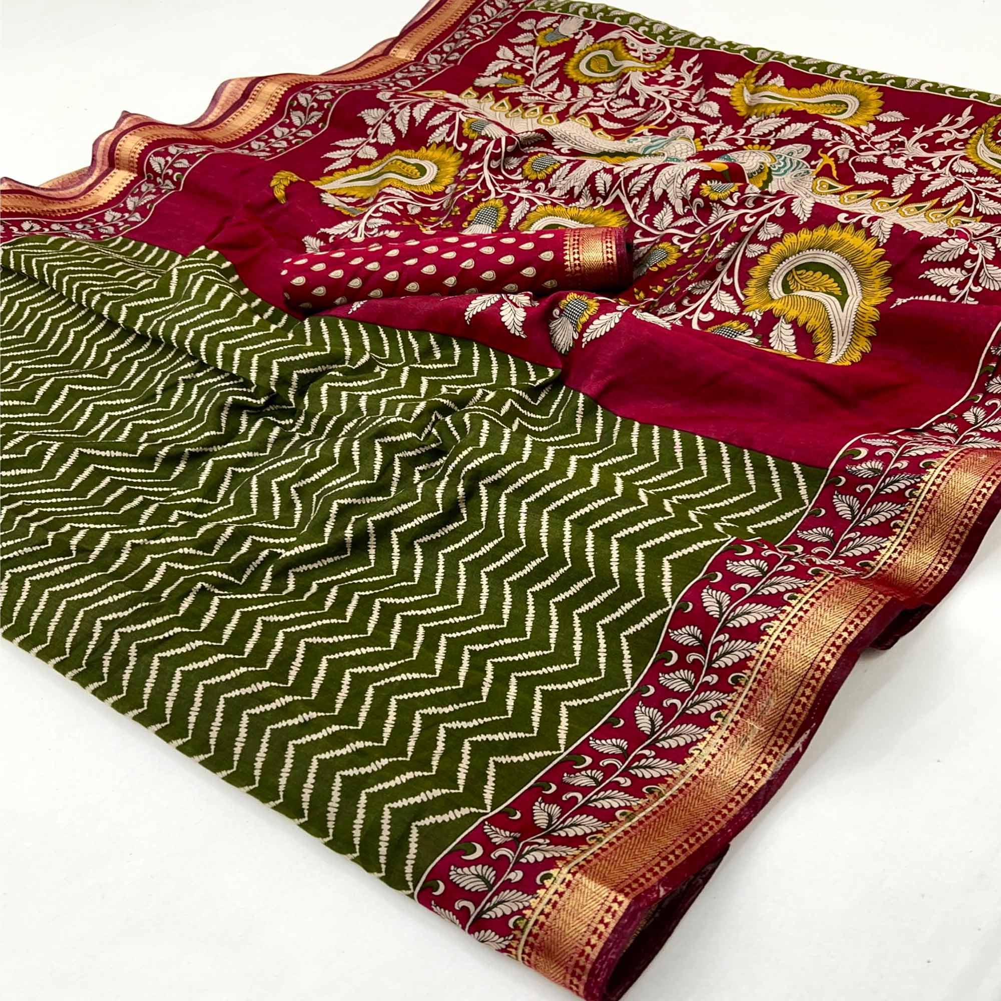 Green Mulmul Cotton Saree with Geometric Zig-Zag Design and Zari Trim