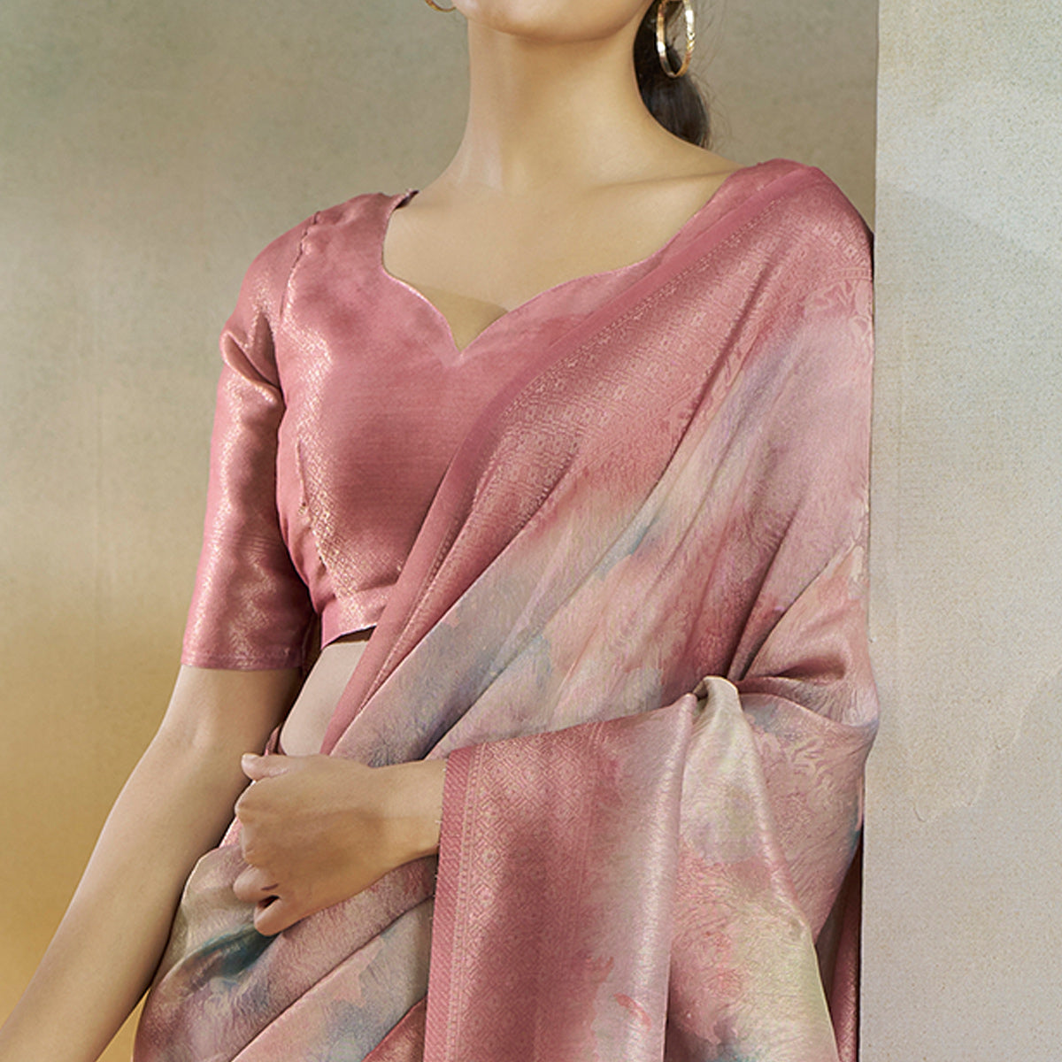 Pink Woven With Digital Printed Linen Saree