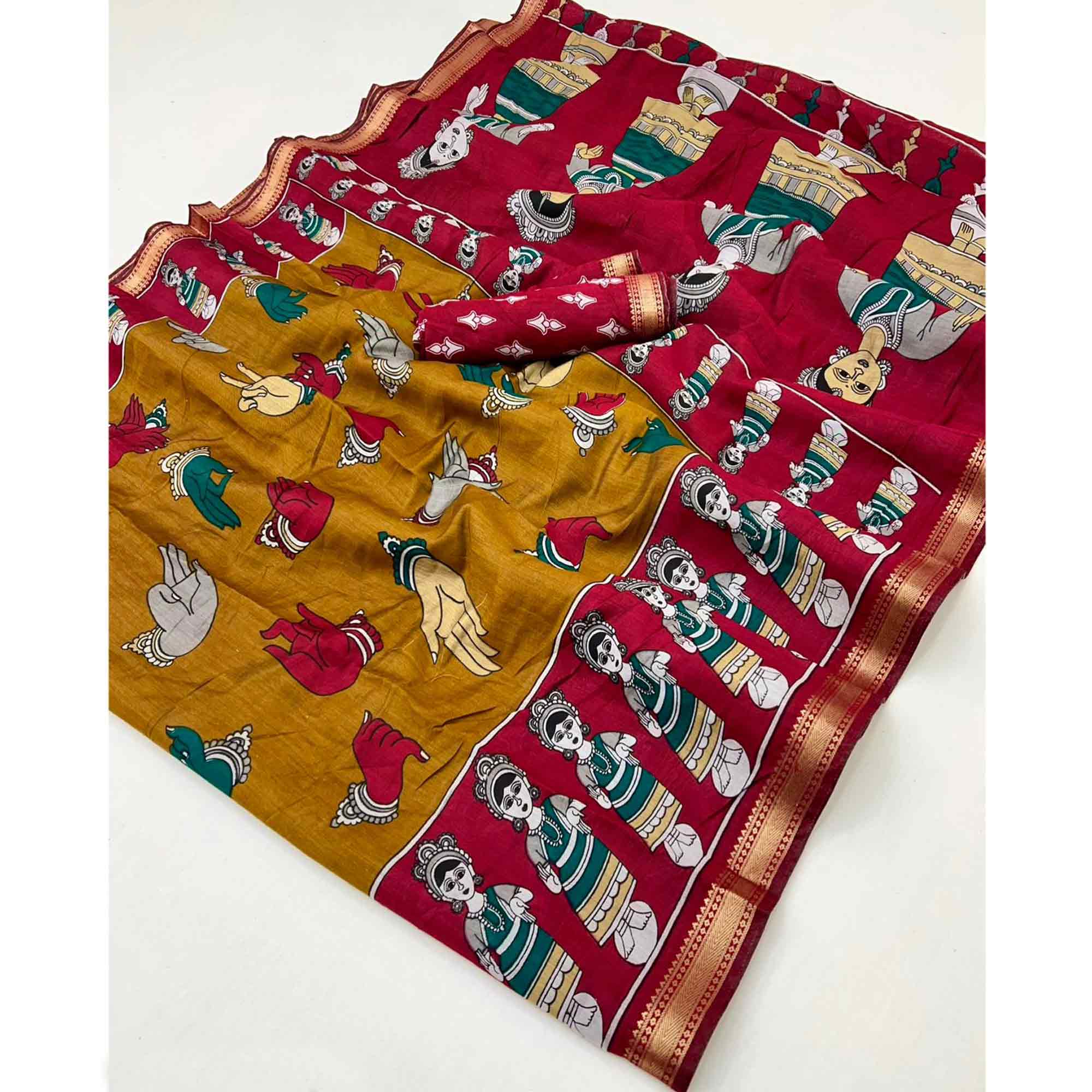 Mustard Folk Art Soft Mulmul Cotton Saree with Traditional Motifs