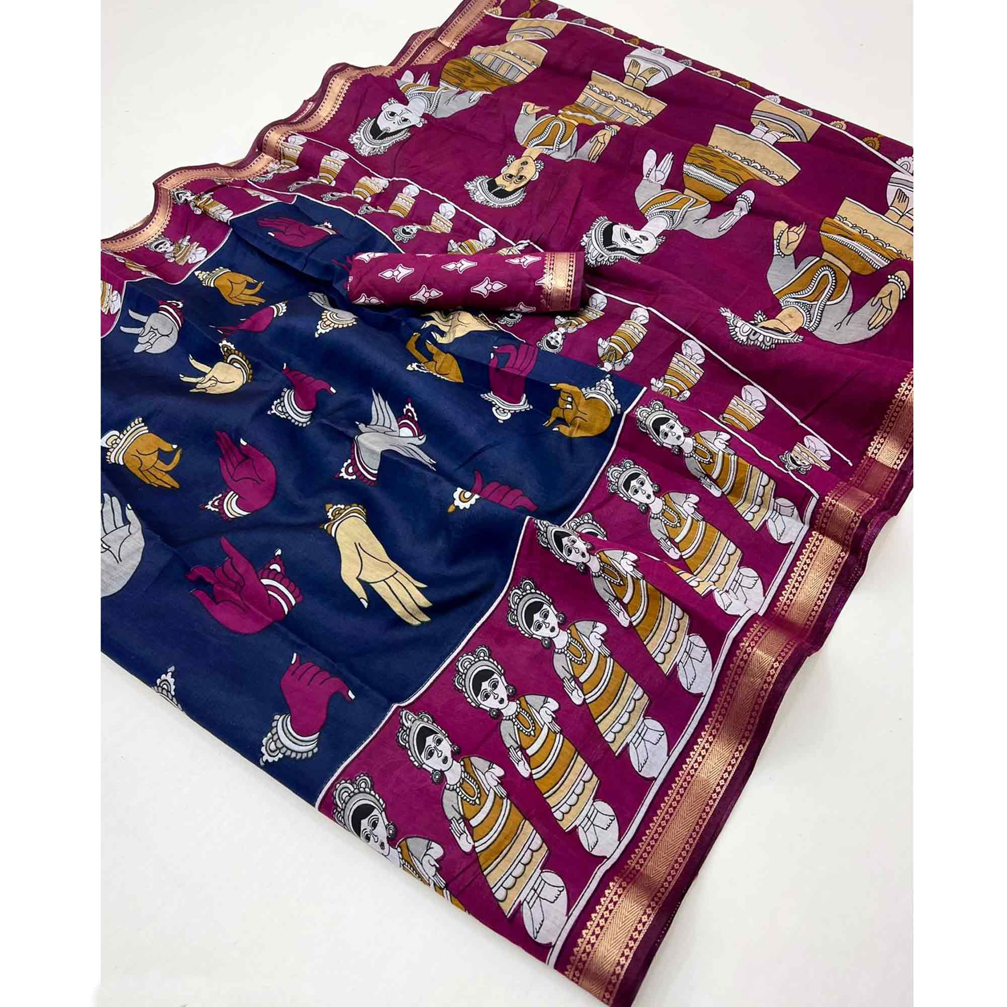 Blue Folk Art Soft Mulmul Cotton Saree with Traditional Motifs