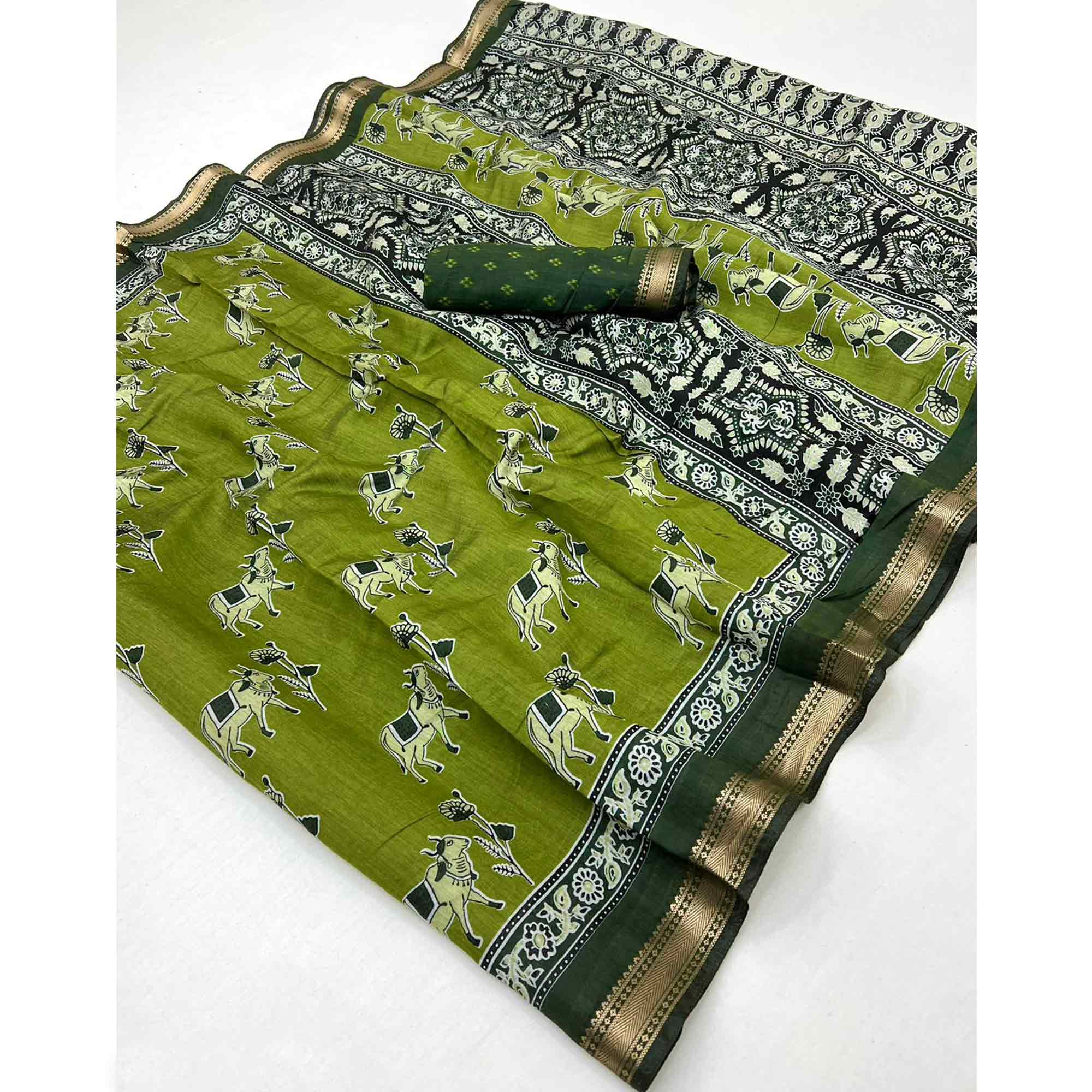 Green Rustic Handblock Folk Printed Mulmul Cotton Saree