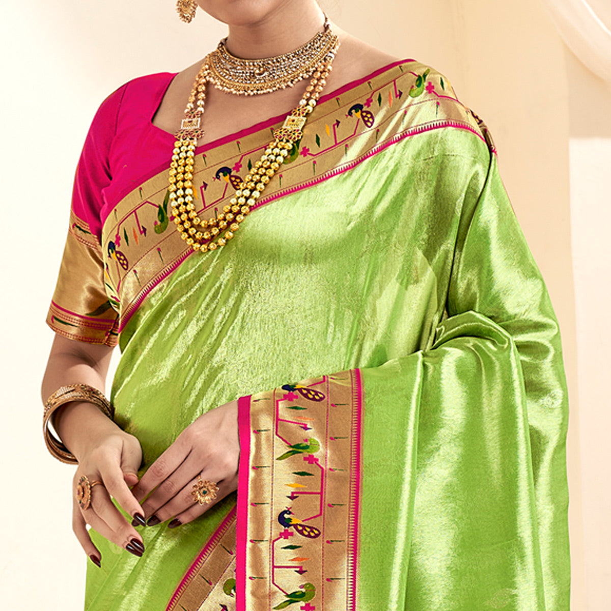 Parrot Green Woven Tissue Paithani Saree With Tassels