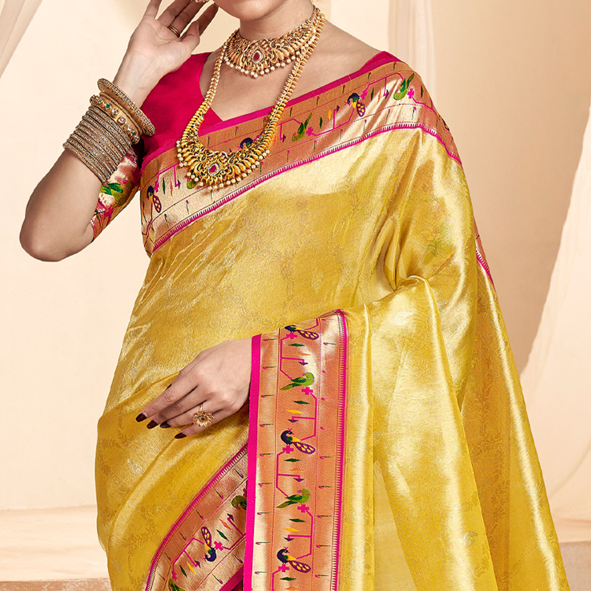 Yellow Woven Tissue Paithani Saree With Tassels