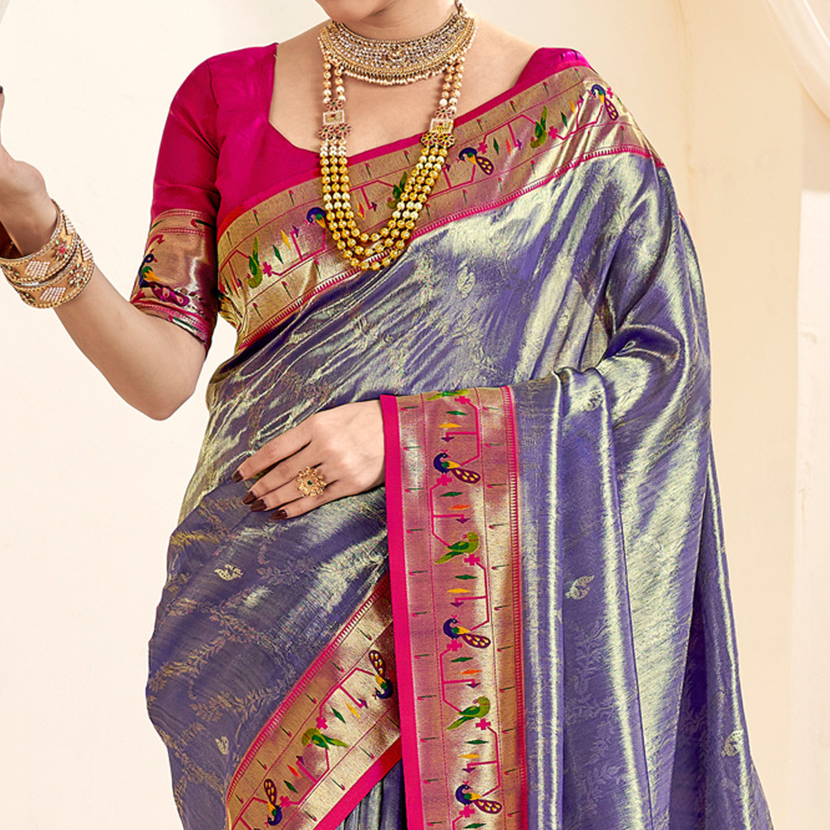 Blue Woven Tissue Paithani Saree With Tassels