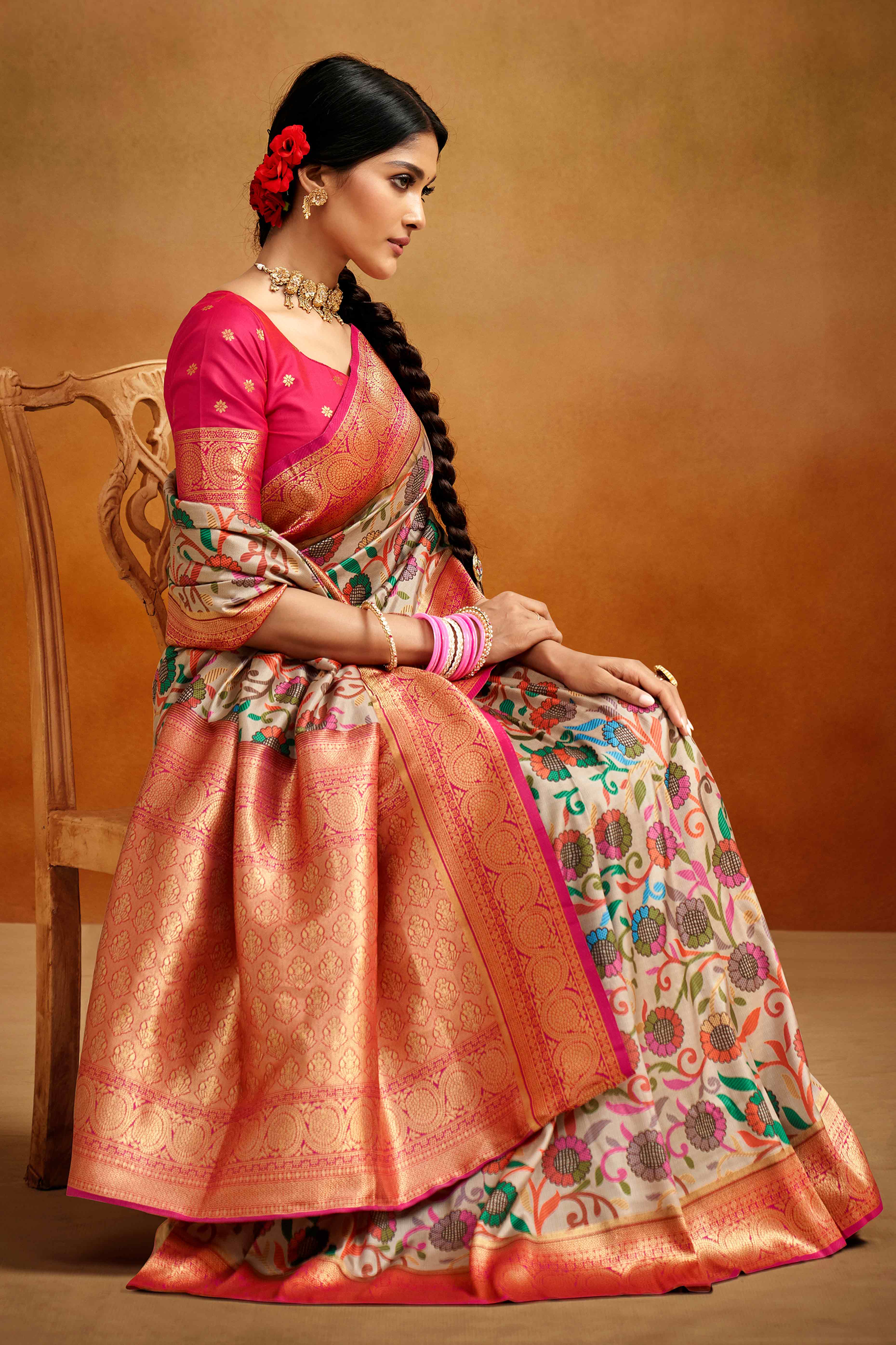 Beige Kalamkari Printed Tussar Silk Saree With Banarasi Border