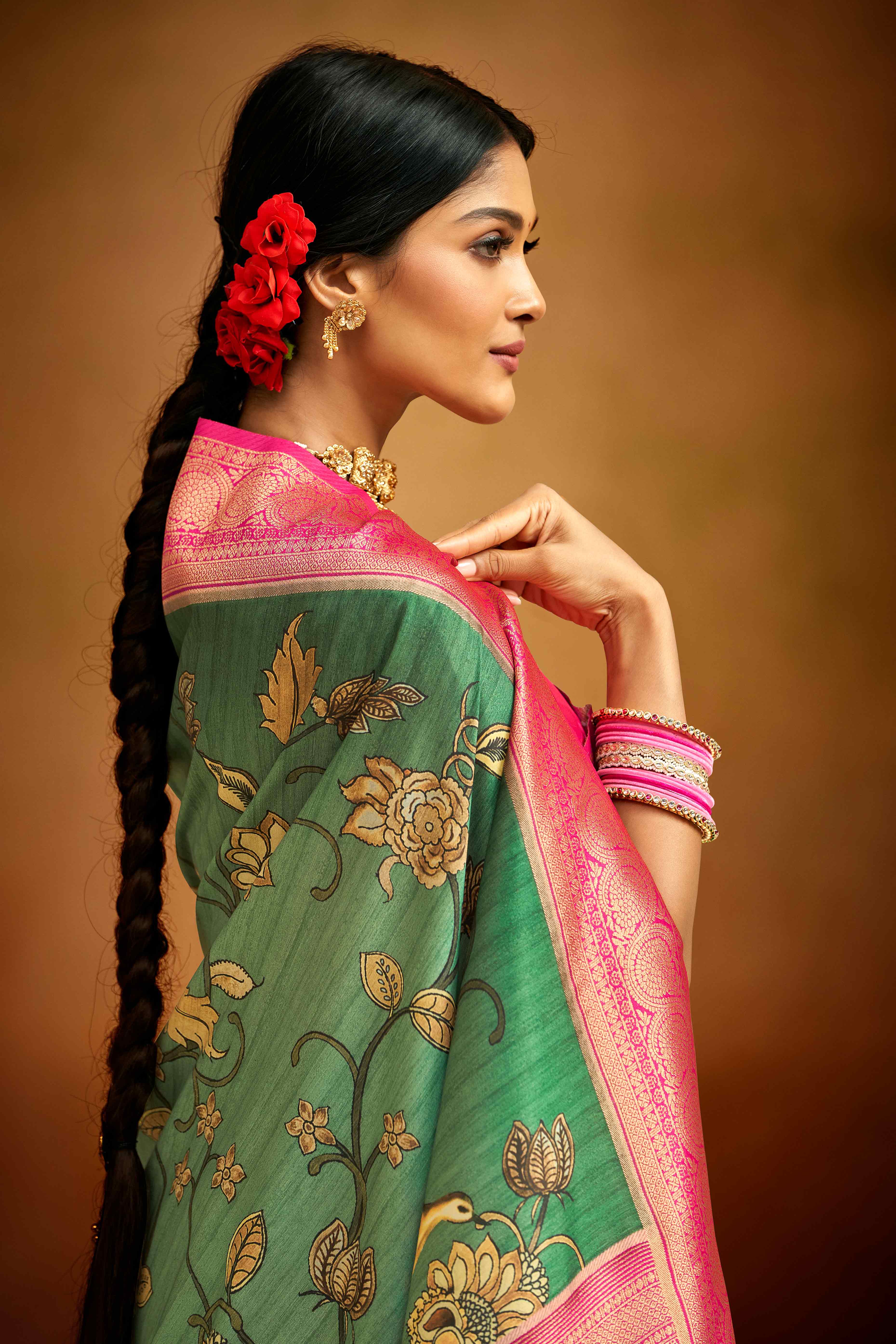 Sea Green Kalamkari Printed Tussar Silk Saree With Banarasi Border