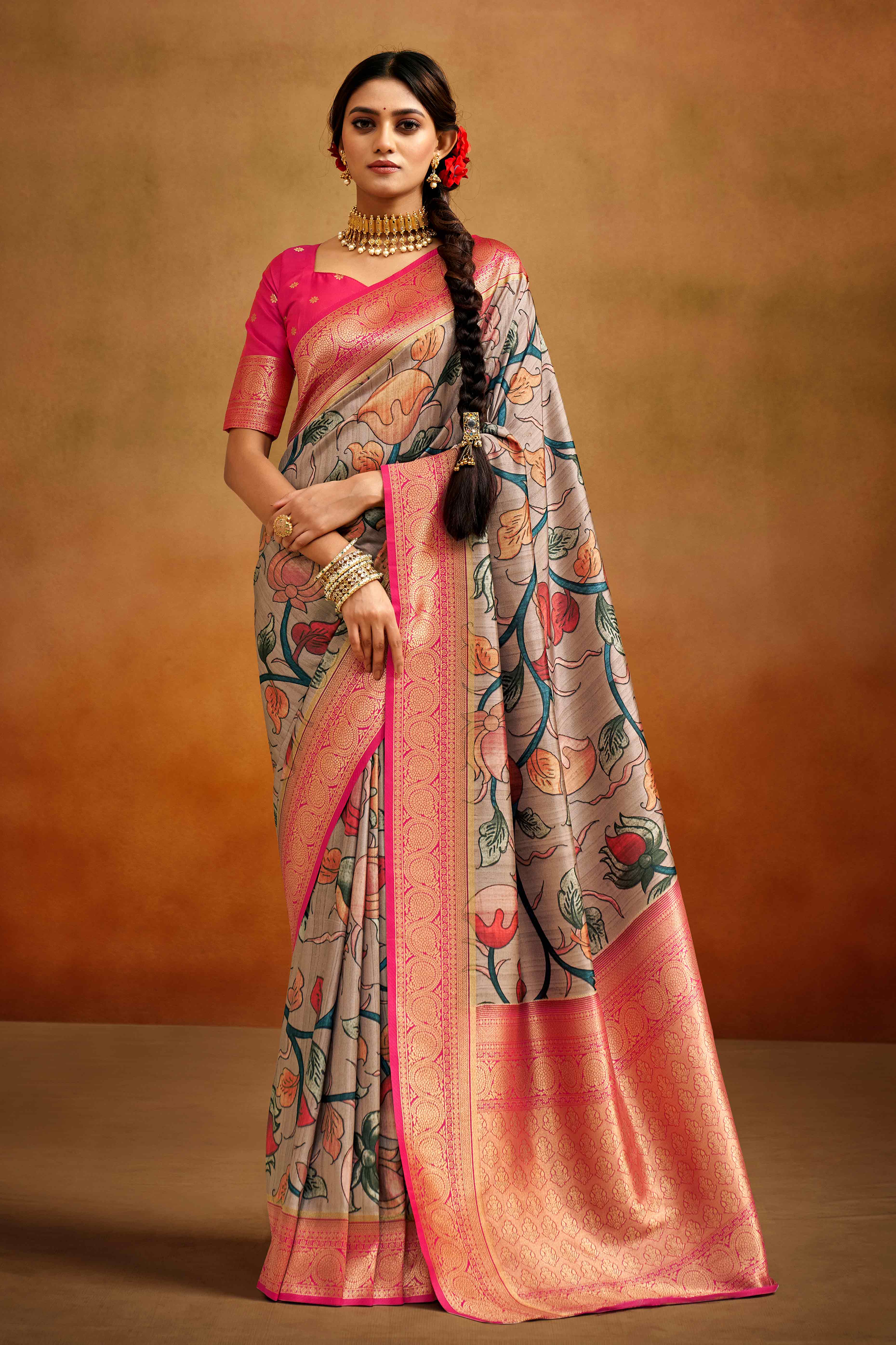 Light Mauve Kalamkari Printed Tussar Silk Saree With Banarasi Border