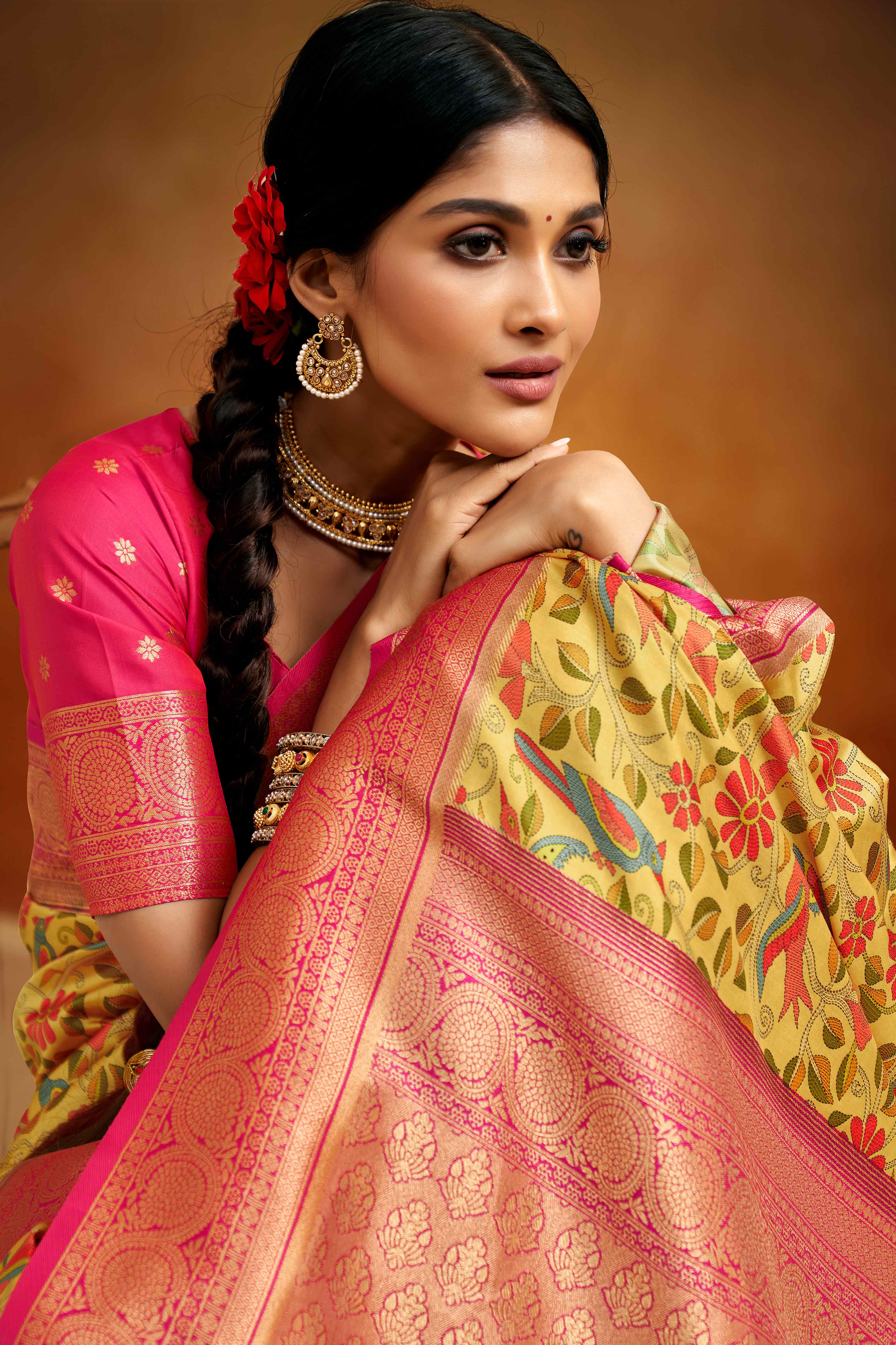 Yellow Kalamkari Printed Tussar Silk Saree With Banarasi Border