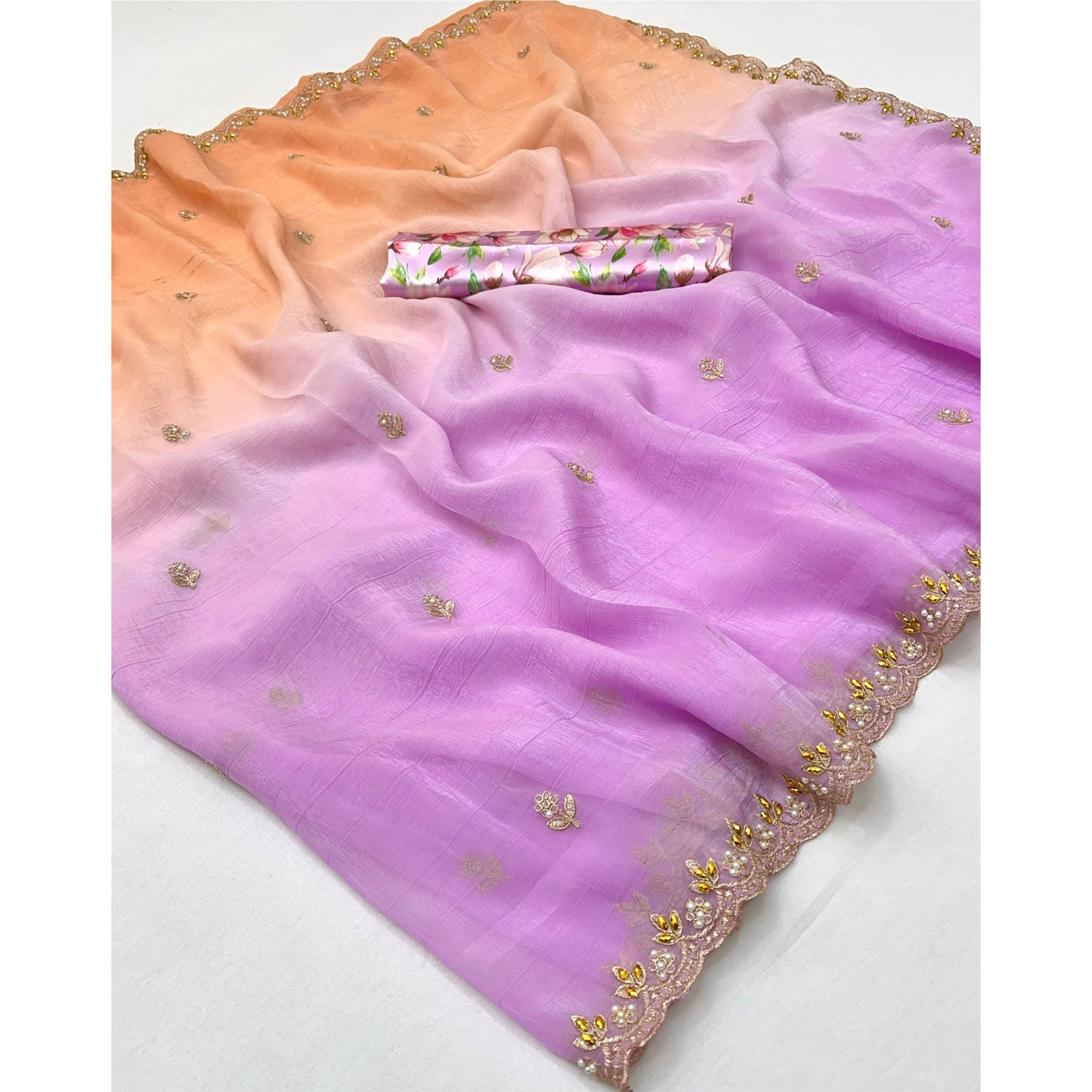 Ombre Orange & Purple Georgette Drape with Embroidered Florals