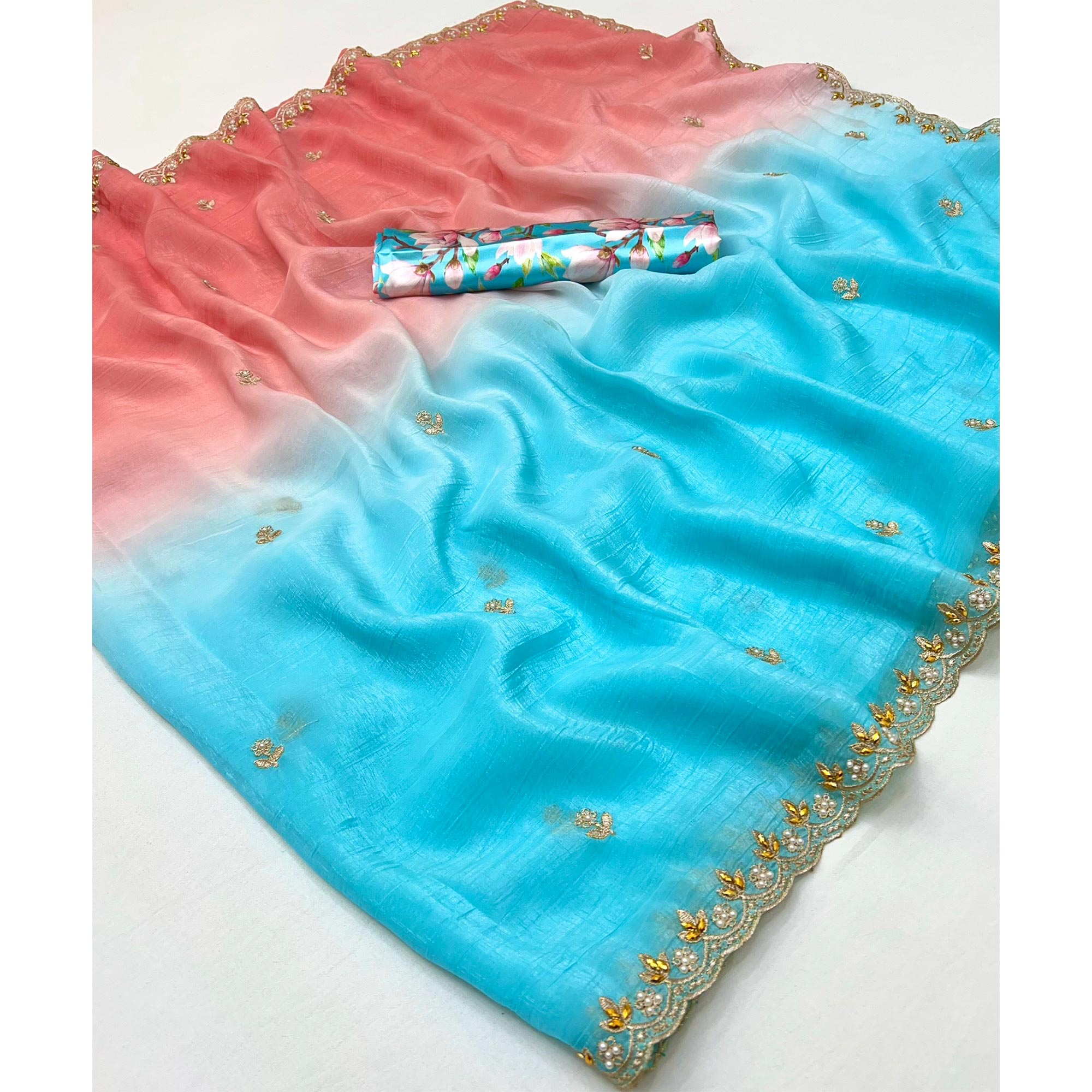 Ombre Peach & Blue Georgette Drape with Embroidered Florals