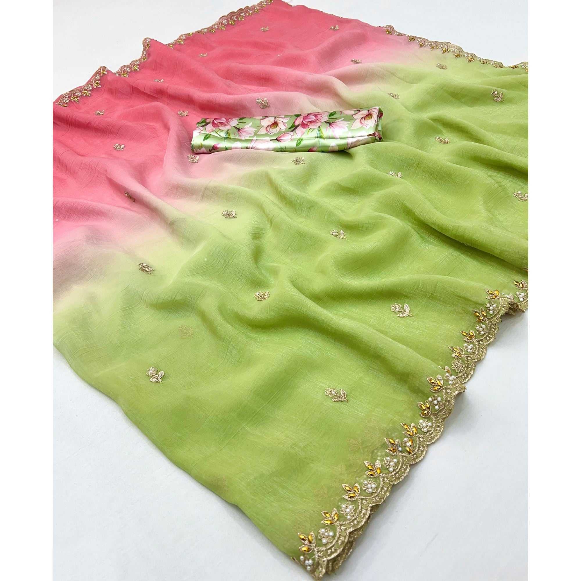 Ombre Pink & Green Georgette Drape with Embroidered Florals