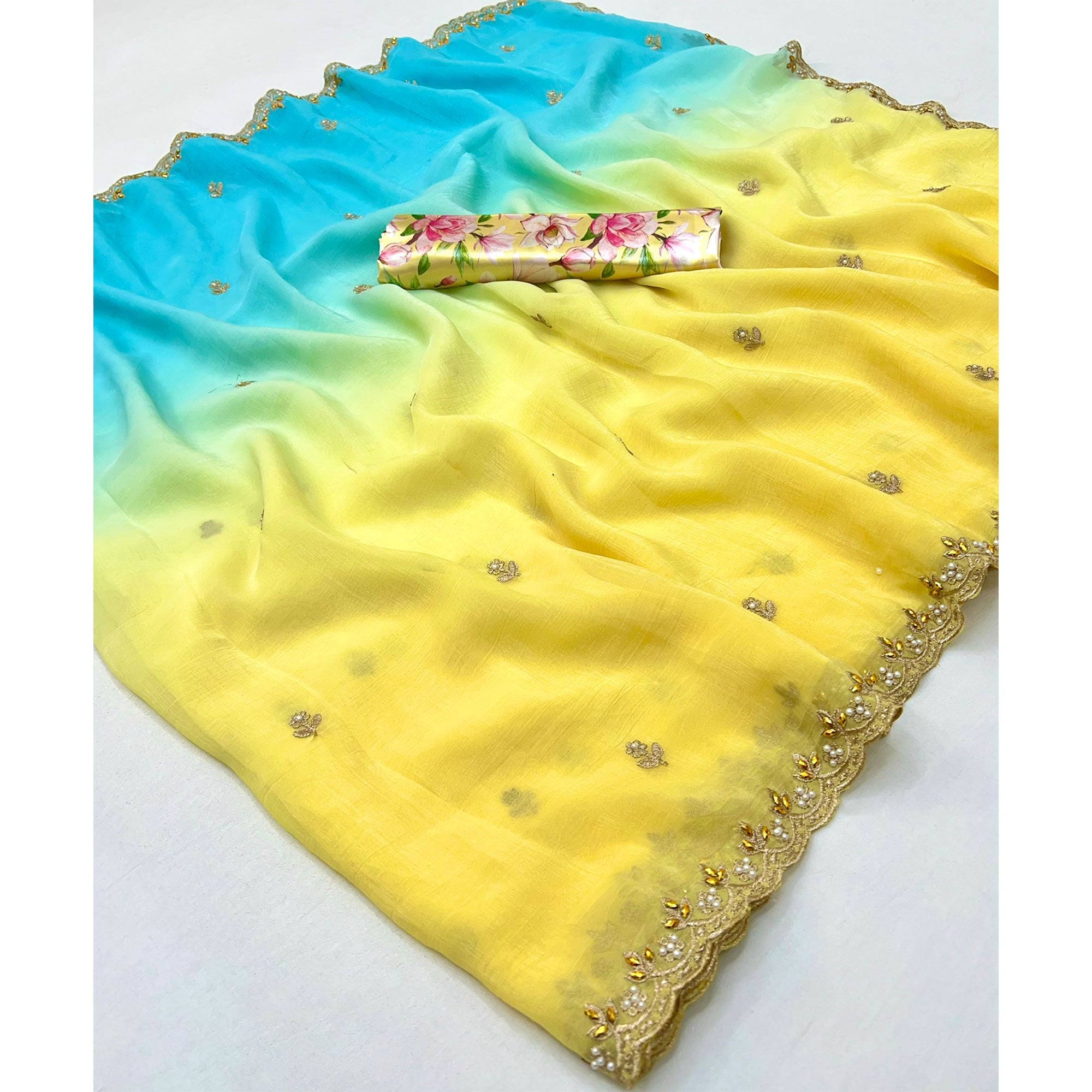 Ombre Blue & Yellow Georgette Drape with Embroidered Florals
