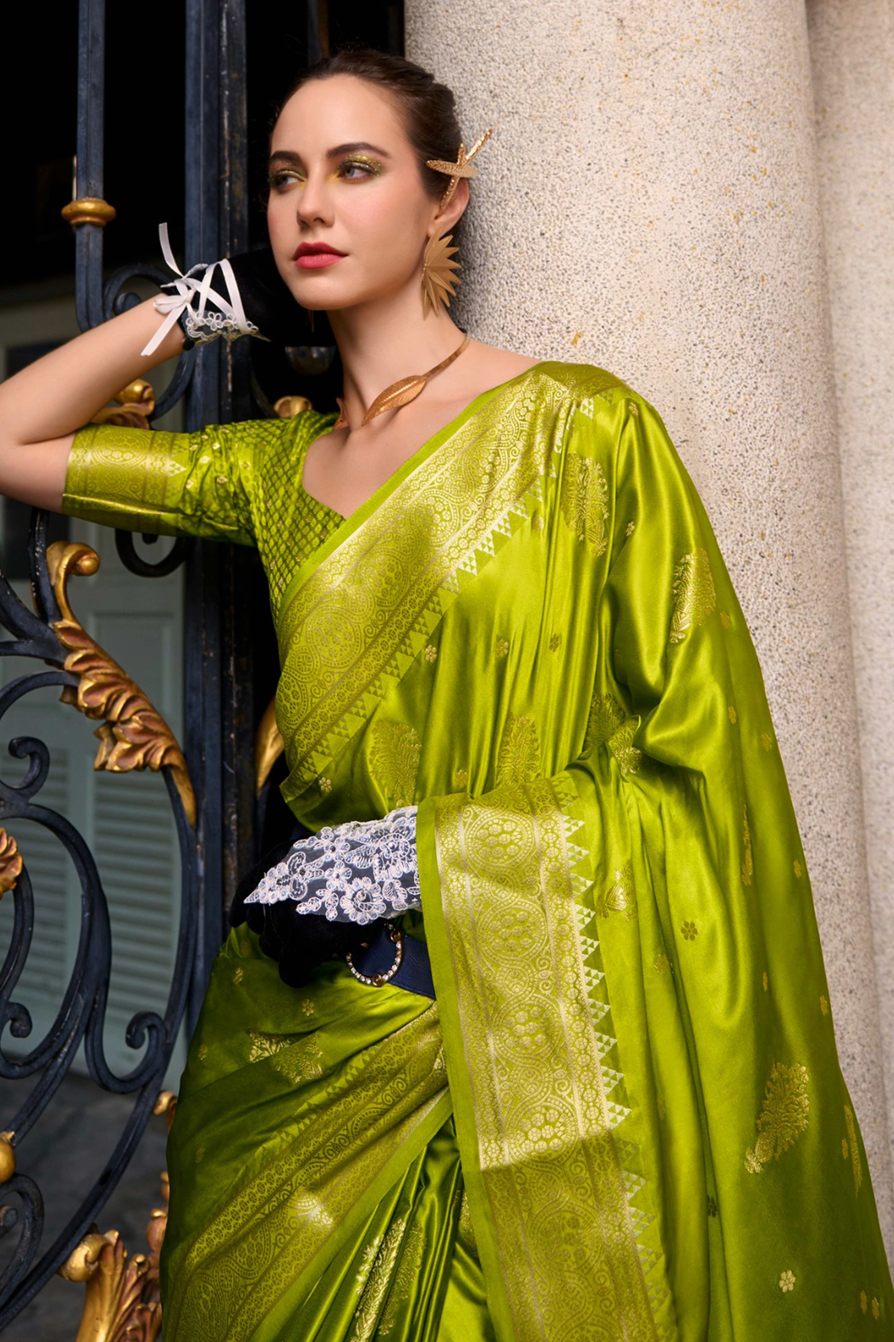 21Green Satin Saree with Floral Zari Weaving