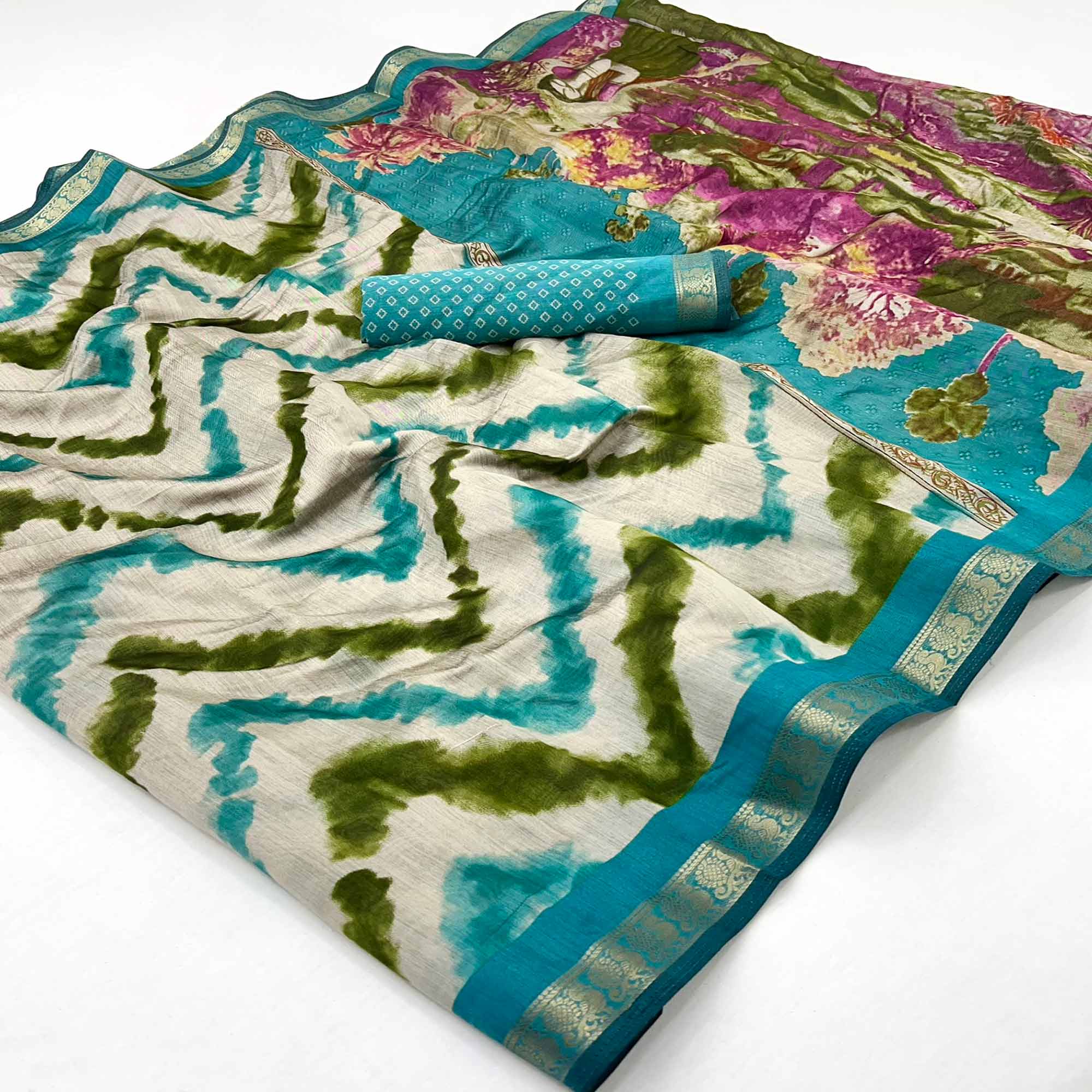Off White & Turquoise Dual Shade Saree with Artistic Leheriya Prints in Cotton Silk