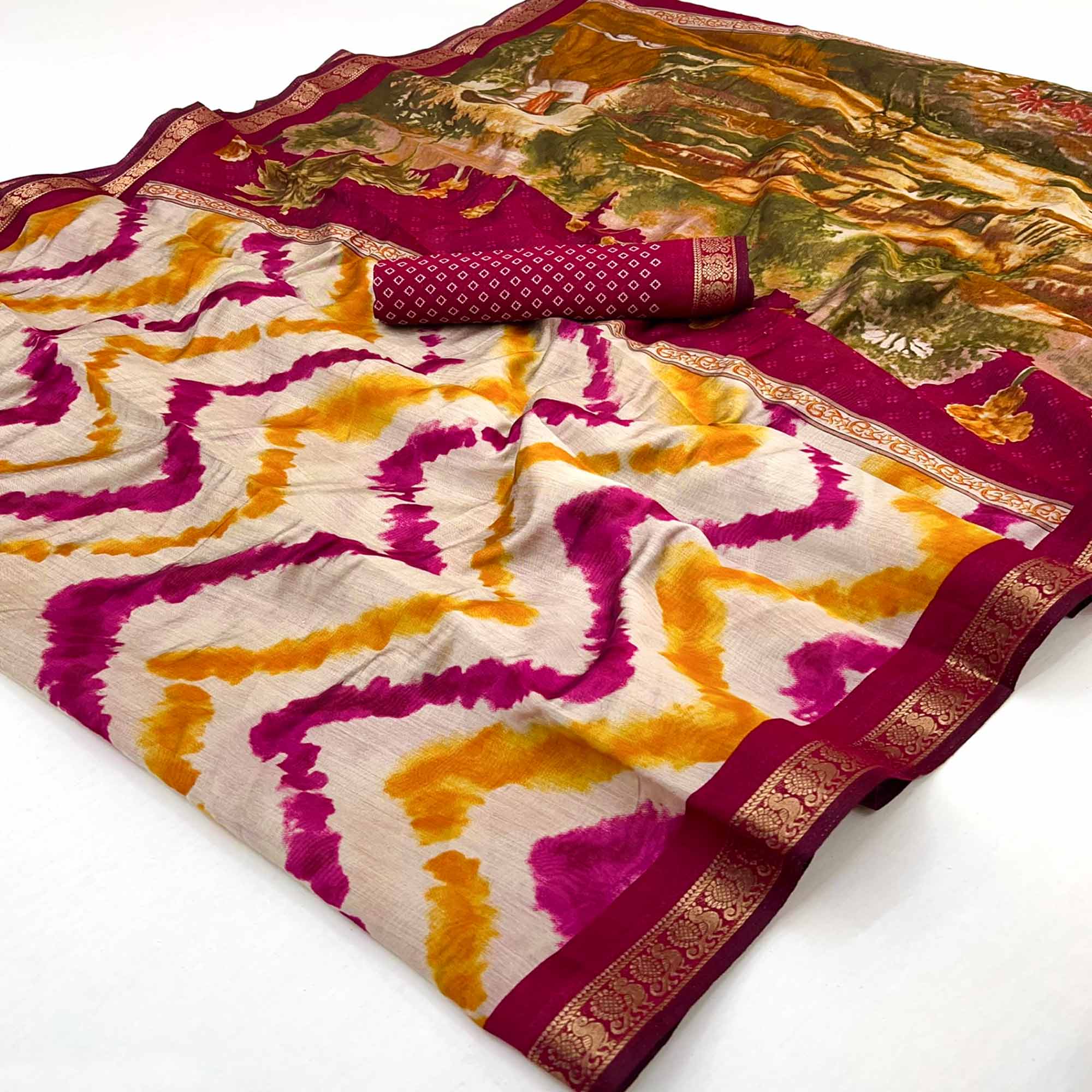 Off White & Pink Dual Shade Saree with Artistic Leheriya Prints in Cotton Silk