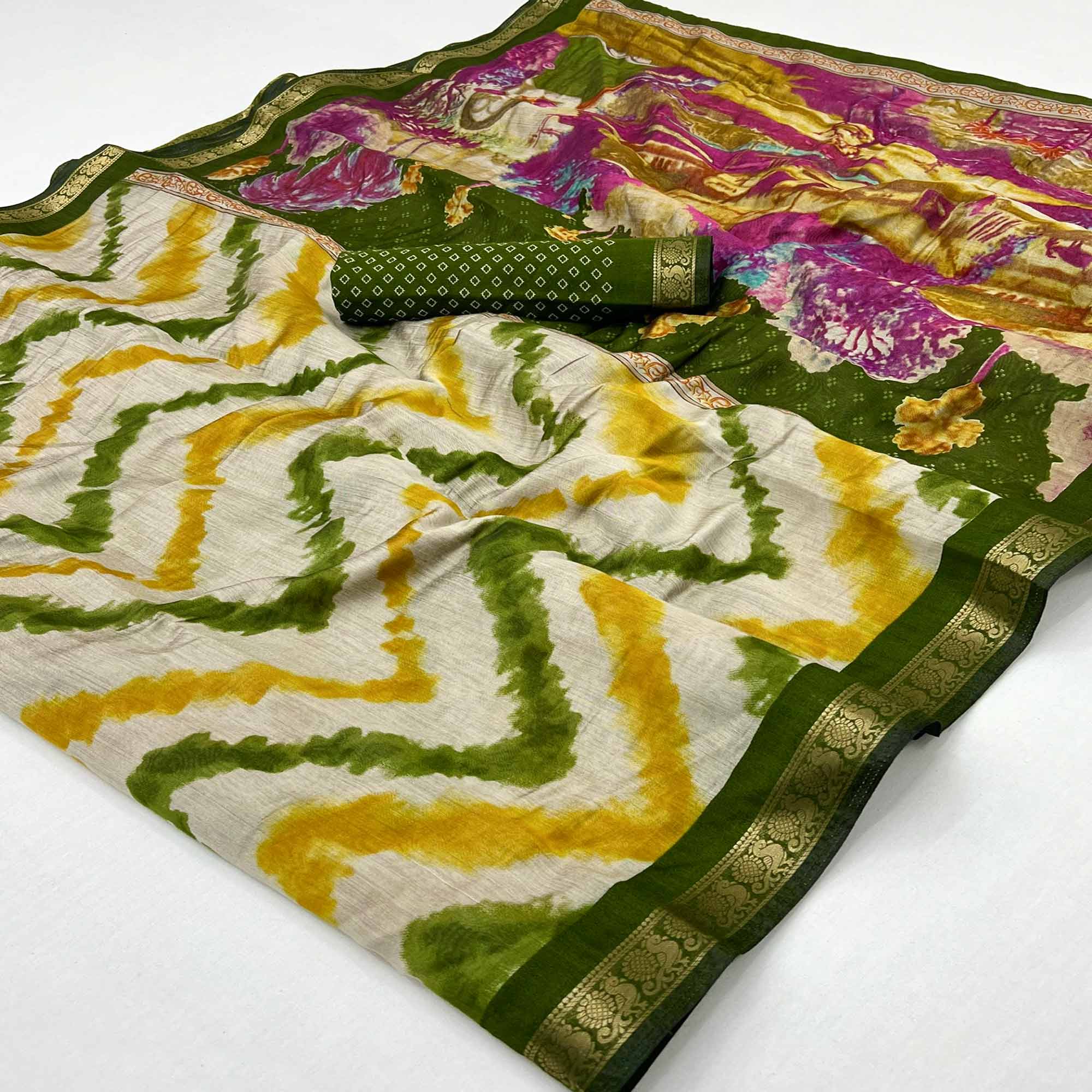 Off White & Green Dual Shade Saree with Artistic Leheriya Prints in Cotton Silk