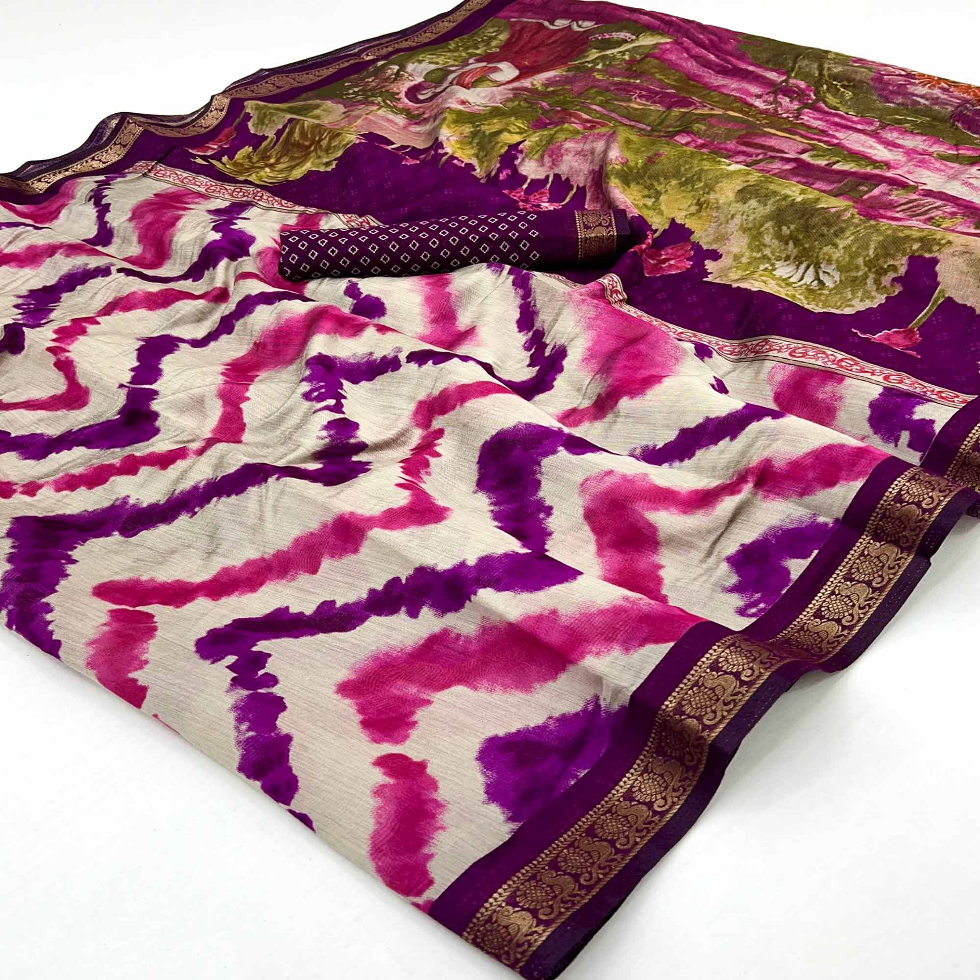 Off White & Purple Dual Shade Saree with Artistic Leheriya Prints in Cotton Silk
