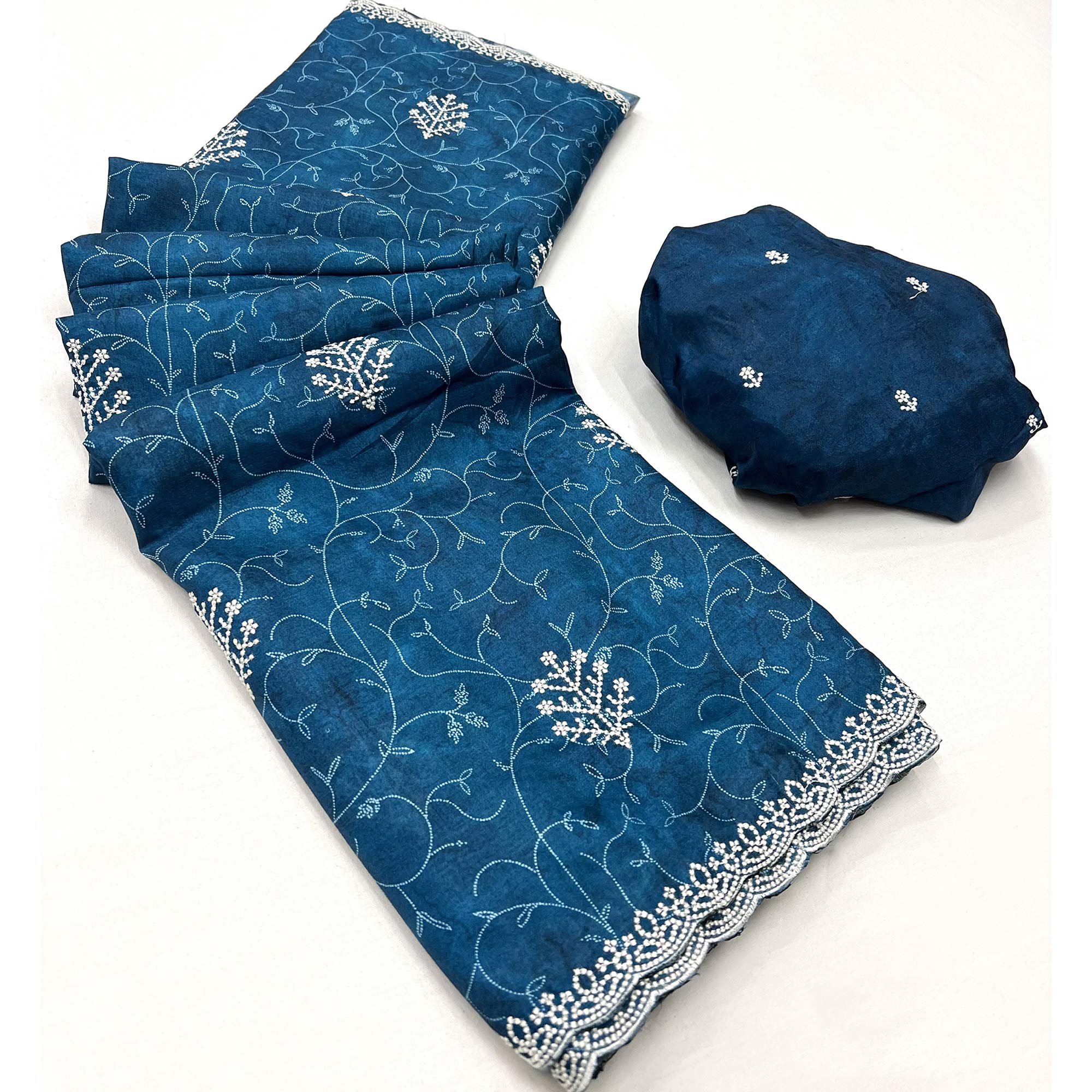 Blue Floral Embroidered Dola Silk Saree